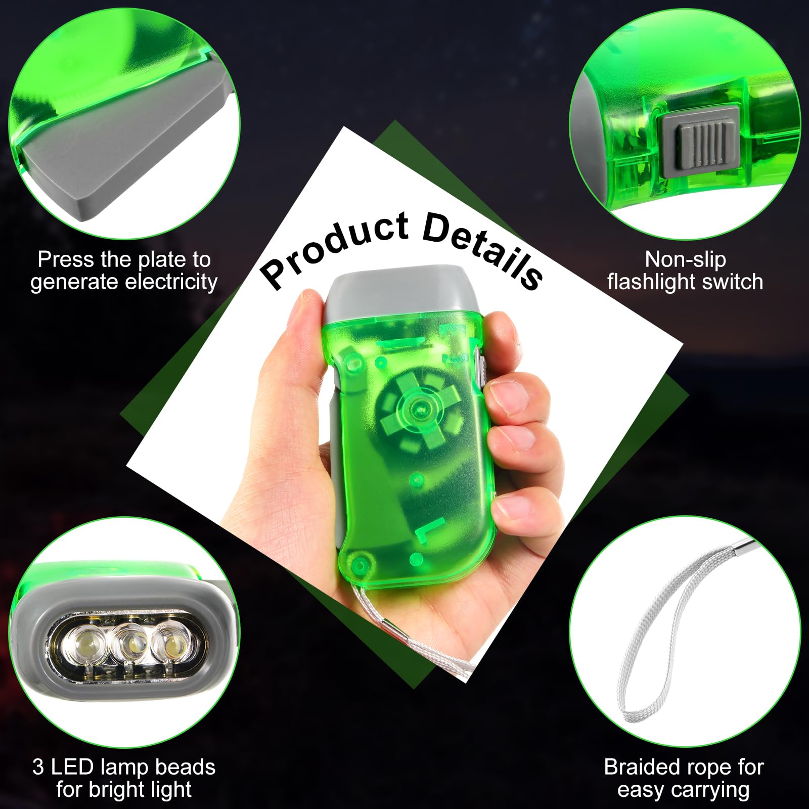 Treela Handkurbel-Taschenlampe, Großpackung, keine Batterie erforderlich, Taschenlampe mit 3 LEDs, selbstbetriebene Lade-Taschenlampe, Dynamo für Camping, Wandern, Notfall (Gelb, Grün, Blau, Rot)