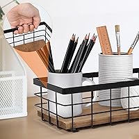 Vista 4 de TJ.MOREE Cesta pequeña de alambre de metal, organizador decorativo de base de madera para baño, cocina, cesta para almacenamiento de papel