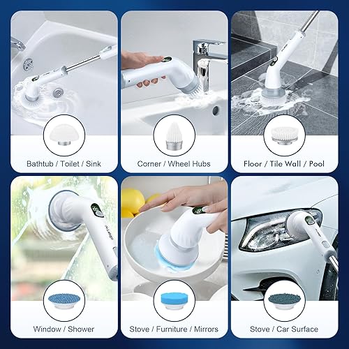 Miniatura 8 de LABIGO Limpiador eléctrico giratorio LA4 Pro, limpiador de baño de doble velocidad con pantalla y 6 cabezales de limpieza de repuesto, limpiador