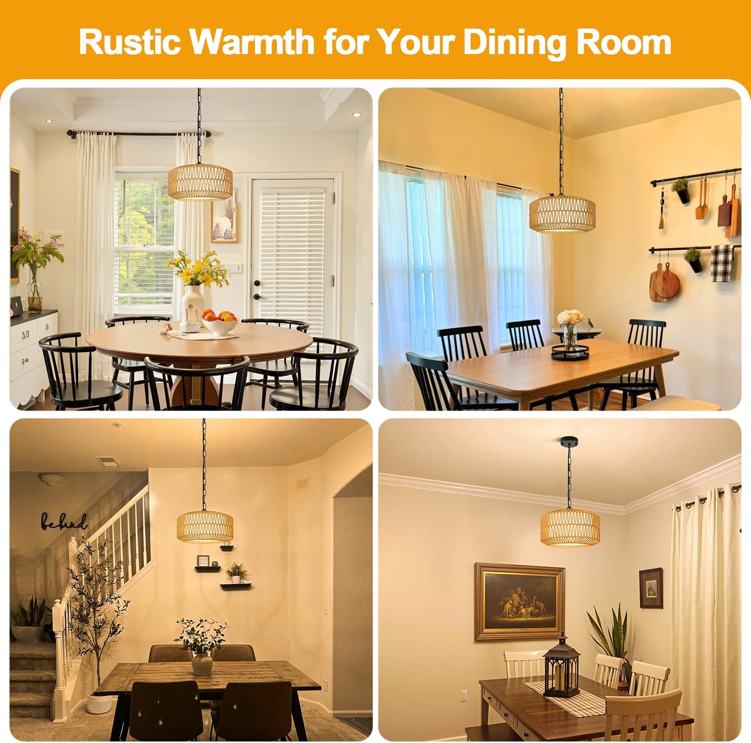 Farmhouse Chandelier Light Fixture, 1-Light Rattan Boho Chandeliers for Dining Room, Hand Woven Pendant Light with Linen Shade, Rustic Hanging Lighting for Kitchen Island, Bedroom (Bulb Not Included)