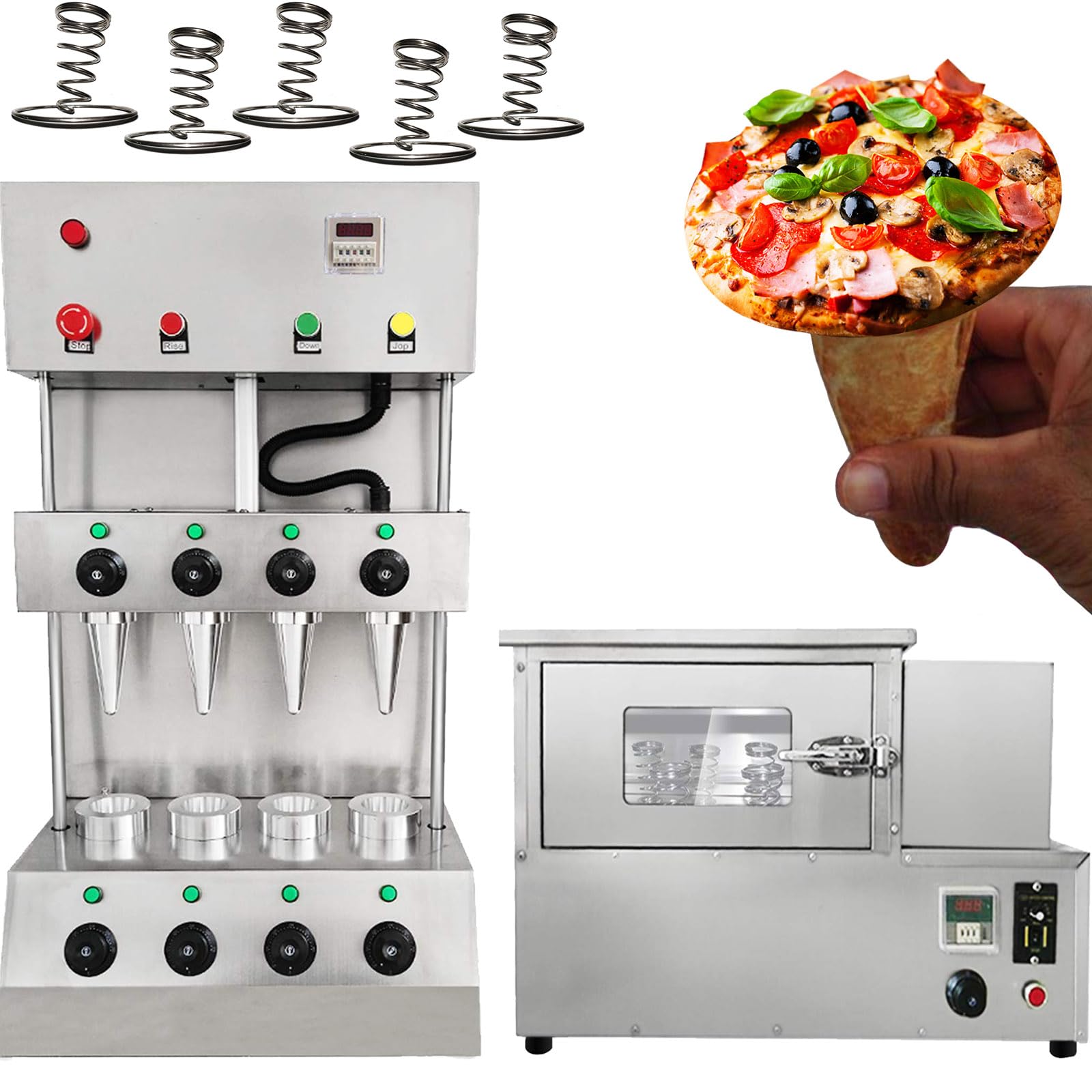TXMACHINE® Pizza cone machine 4 cone maker with pizza oven,display warmer,pizza cone making machine,4 shapes (4 cone maker+oven, 110V/60HZ)