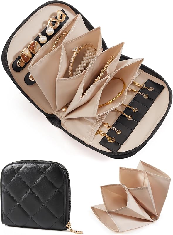 Travel Jewelry Case, Leather Zip for Rings Necklaces | Removable inner pocket, 3 tangle-free clips, 1 elastic pocket, 2 leather snap straps for rings/earrings