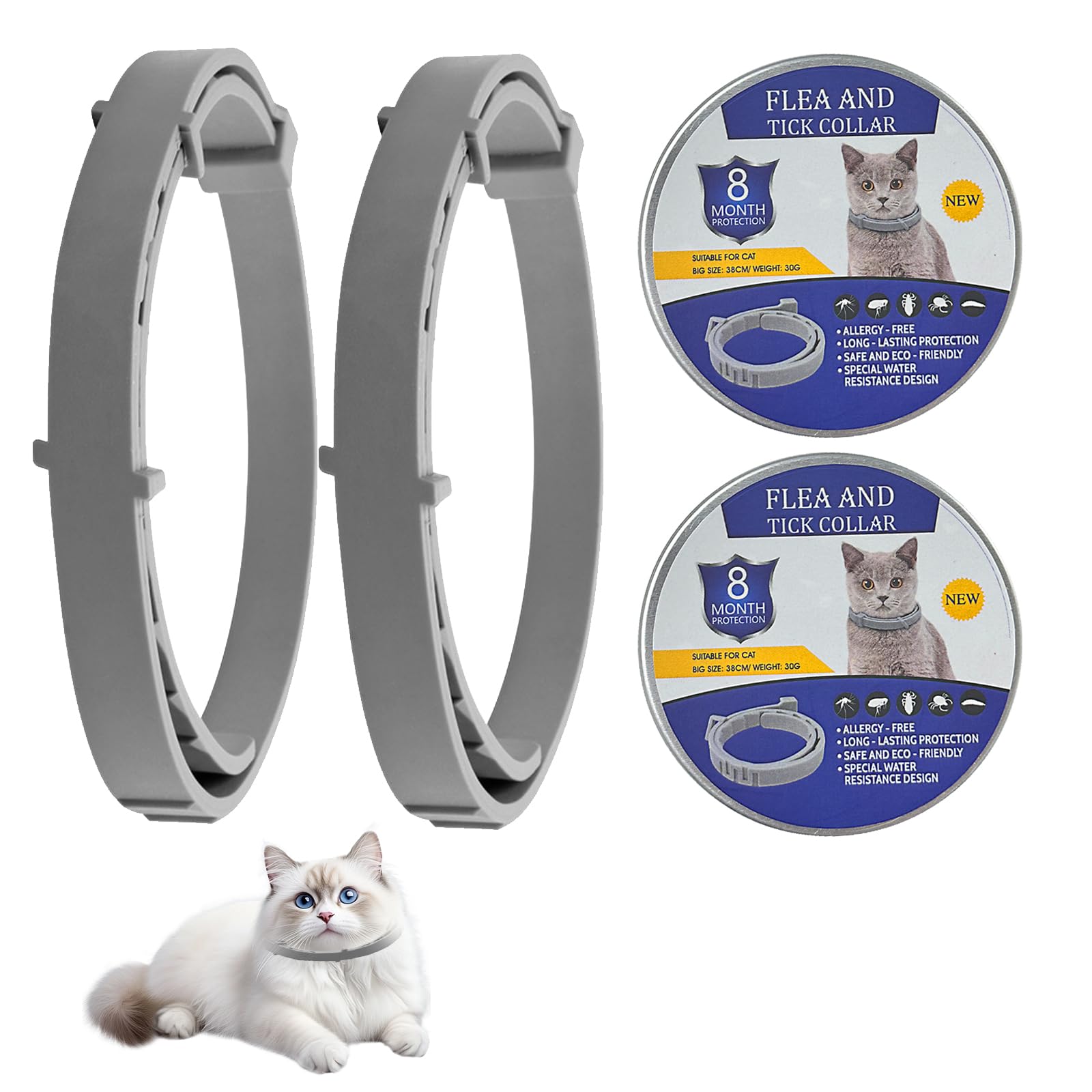 2 Pack Collar for Cats Waterproof Adjustable Cat Collar, Cat Collar to Containing Natural Essential Oils,Provides 16 Months of Use, for Cats Over 7 Weeks (38cm)