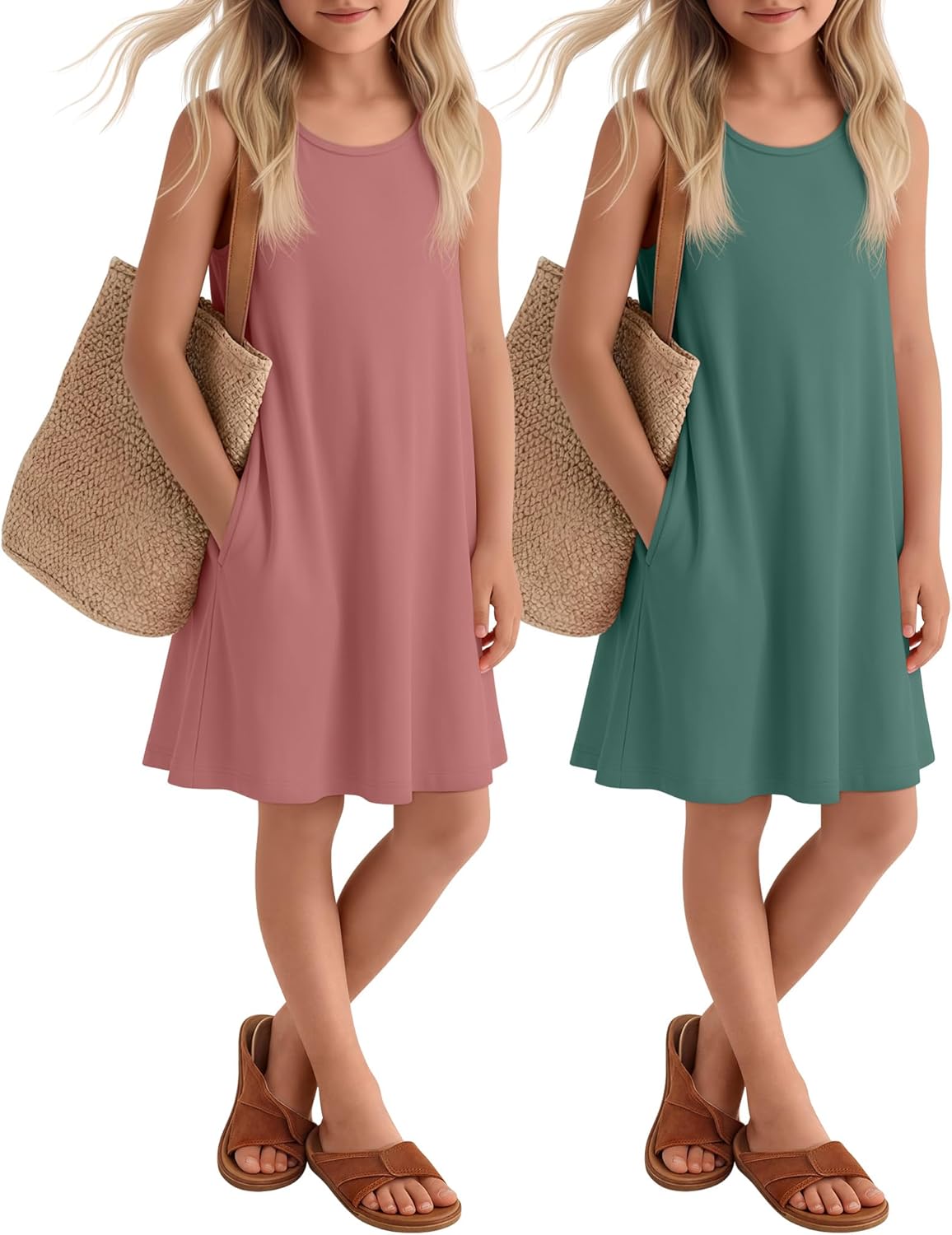 2 Pack Girls' Summer Dresses Sleeveless Tank Dress Kids Casual Loose Crewneck Beach Sundress with Pockets 5-14 Years