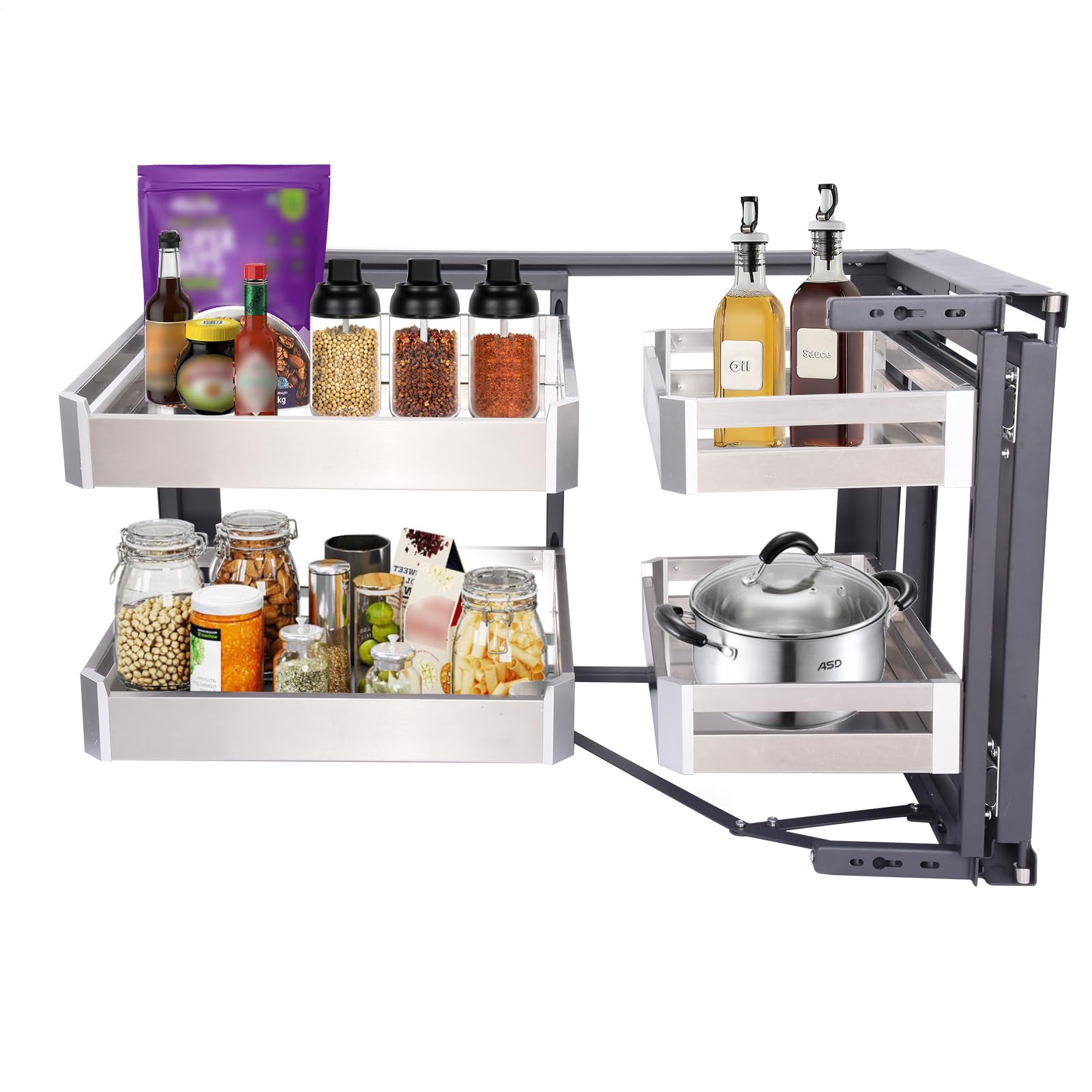 Blind Corner Cabinet Pull Out Organizer 14 Inch Opening, Magic Base Cabinet Pull Out Left, Hidden Slide Out Shelves, 2 Tier 4 Shelf Chrome Soft Close for Home Restaurant Hotel
