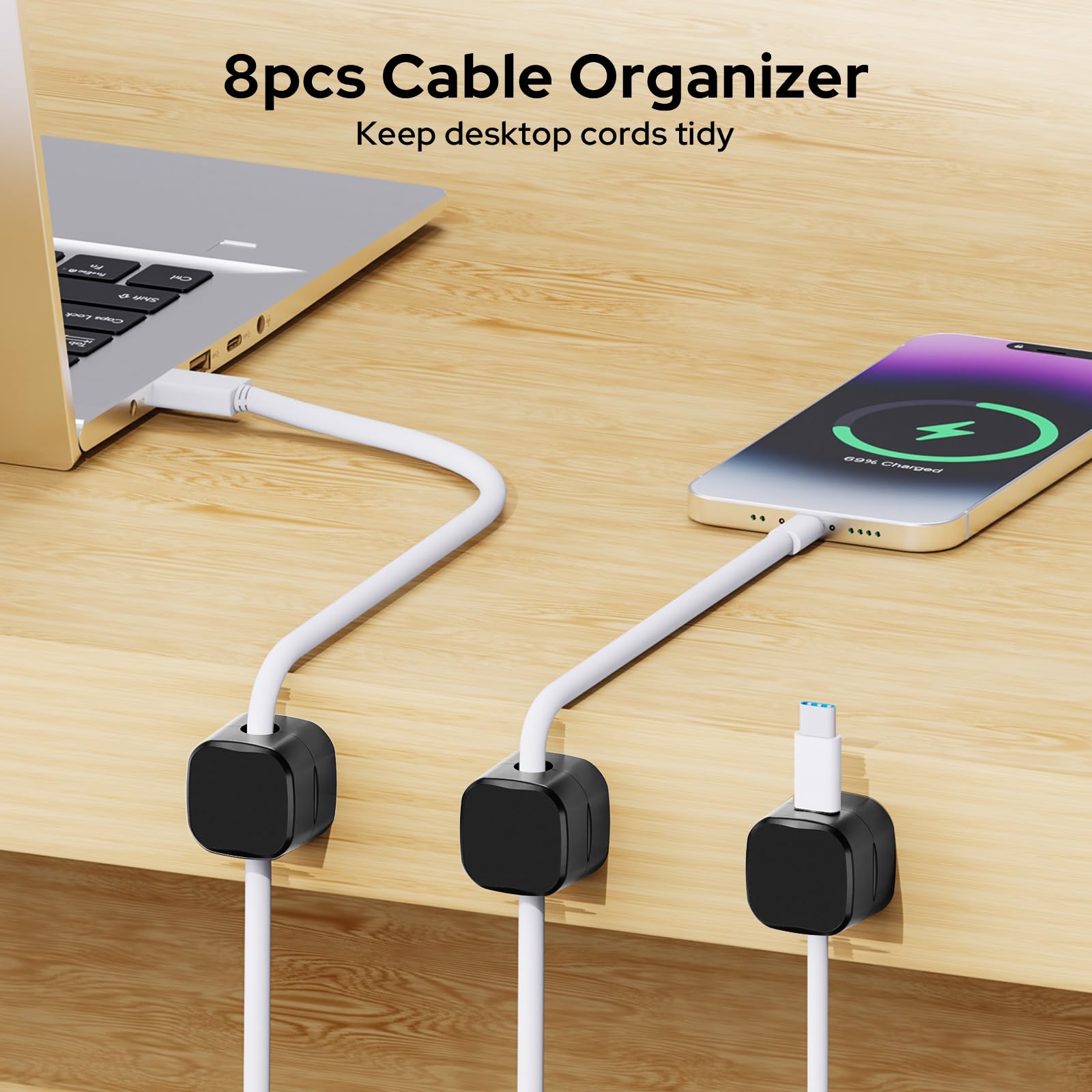 Euqvunn Cable Clips, 8 Pack Magnetyczne Uchwyty na Kable, Gładkie Regulowane Kable, Samoprzylepne Uchwyty na Kable Ładowarki, Uchwyt na Kable do Telefonu USB na Biurko, Stolik Nocny, Samochód(Czarny)