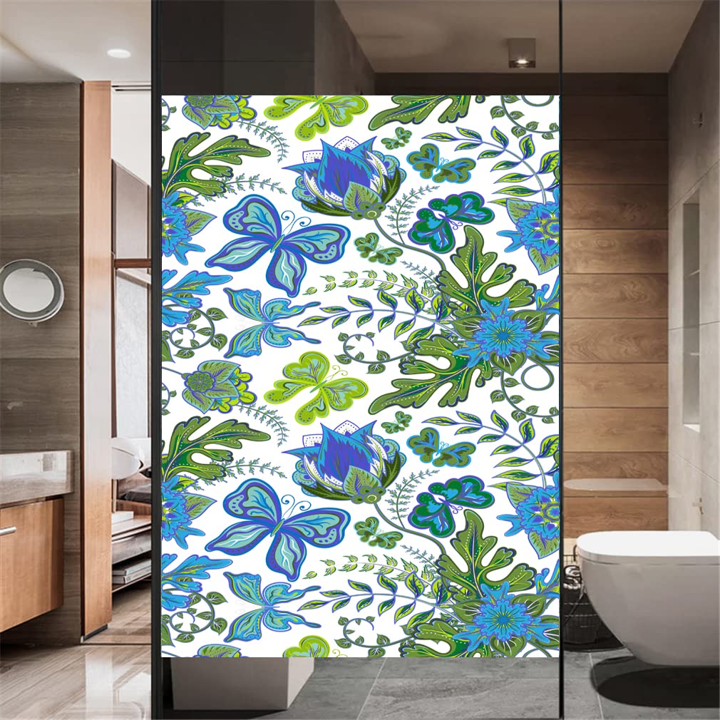 Folia szklana Prywatność folia okienna roślina FlowerPattern szkło dekoracyjne obejmujące bez kleju statyczne przyleganie matowe naklejki na okna do wystroju domu(90x160cm)
