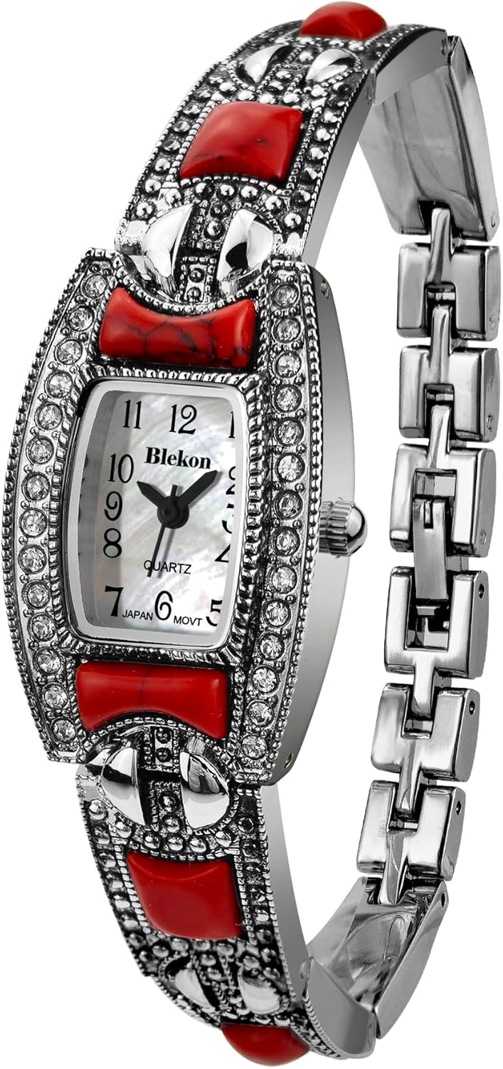 Blekon Collections Japanese Quartz Ladies Square Stones 21mm Case Pearl Dial Metal Link Bracelet Fashion Watch