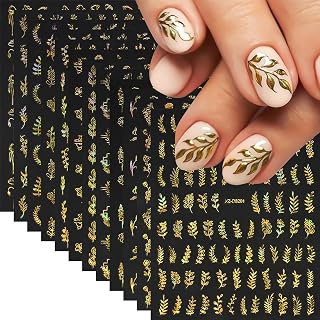 12 Sheets Fall Nail Stickers Gold Leaf Nails Decals 3D Self Adhesive Fall Maple Leaves Nail Art Stickers Glitter Golden Maple Leaf Rose Flower Nails Designs Sticker for Women Autumn Manicure Supplies