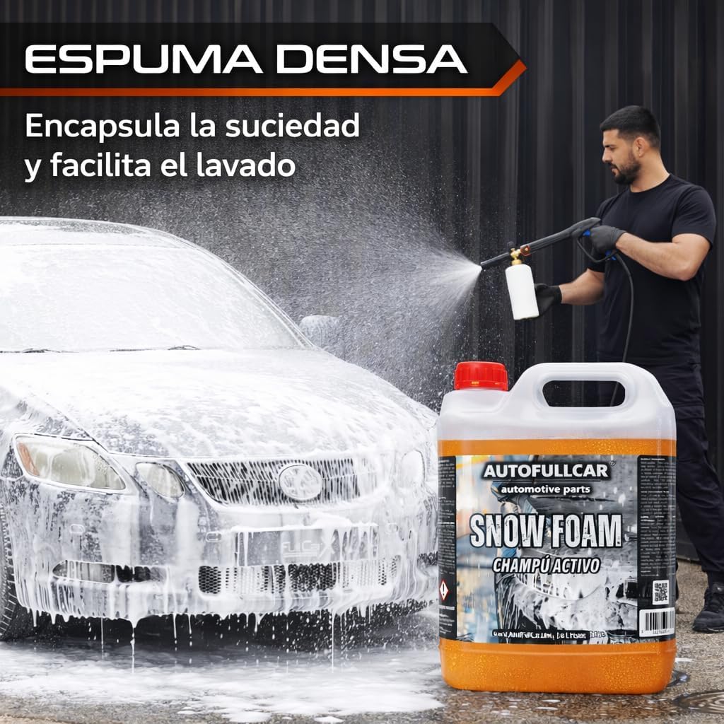 AutoFullCar Snow Foam 5 Litros, Champu Activo Coche PH Neutro, Lavado Carroceria, Alto Poder Espumante, Incluye Foamer Manual, Limpieza y Brillo Duradero