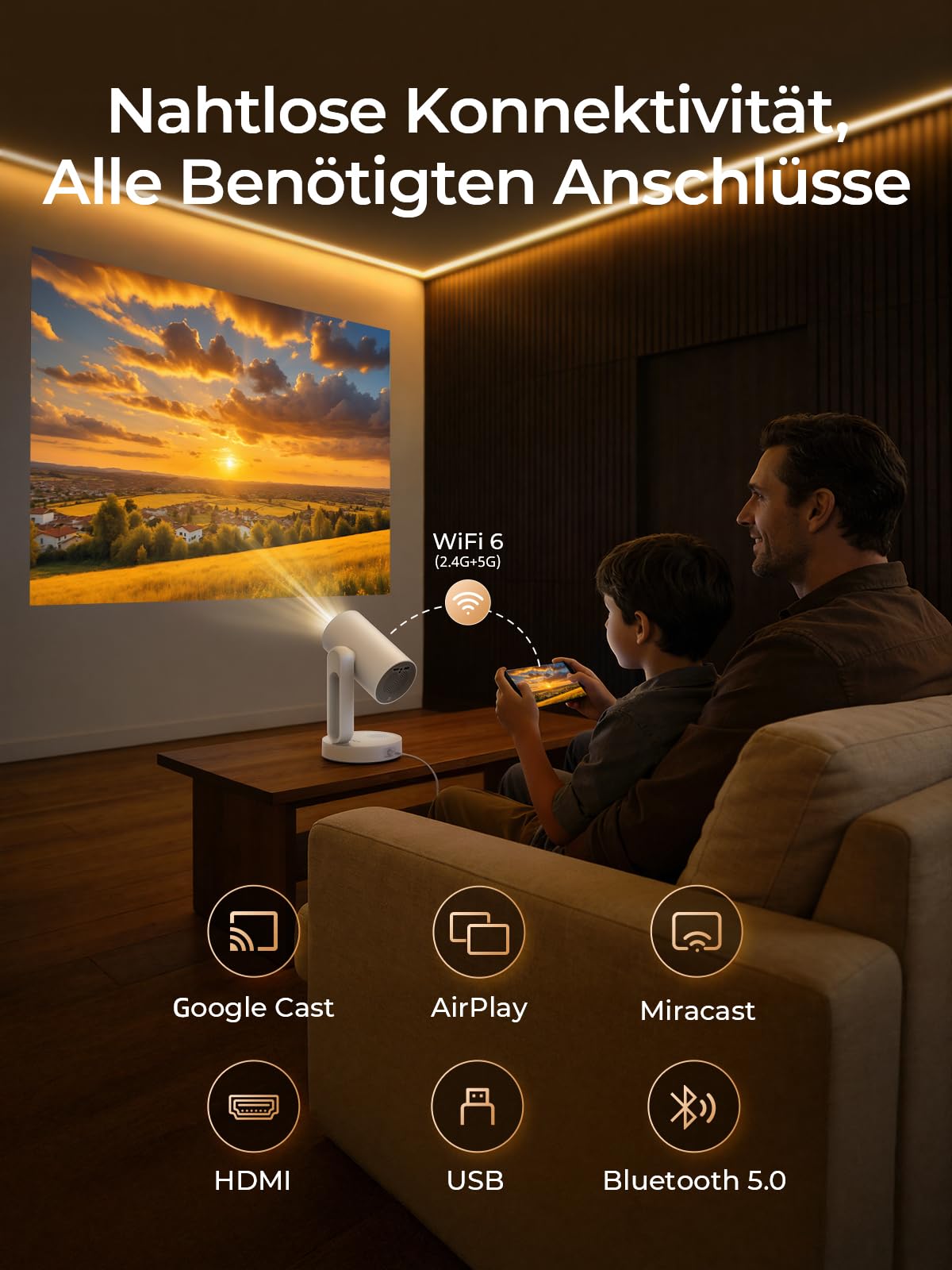 Mini Beamer mit Google TV/Netflix offiziell, ETOE Sternenhimmel-Projektor mit Autofokus/Keystone, FHD 1080P, Sprachsteuerung, Vollständig Geschlossen, 140° Schwenkbar, Nachtlicht für Schlafzimmer