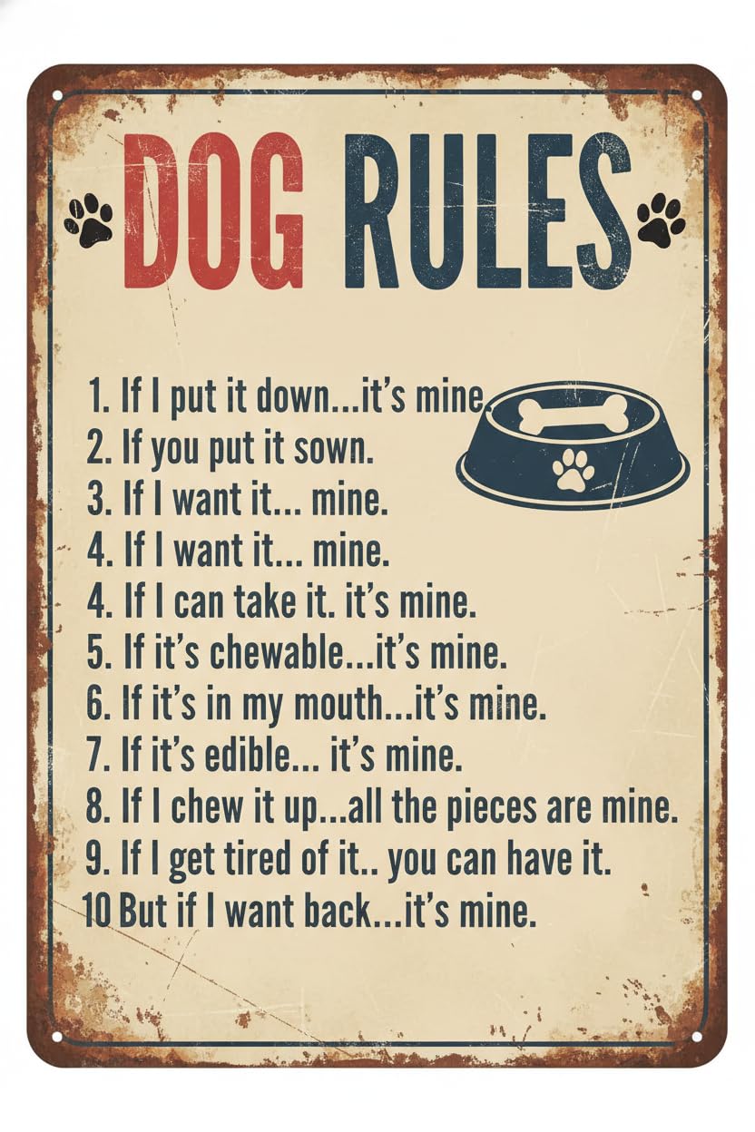 Retro Dog Rules Funny Tin Sign, 8x12 Inch Dog Decor
