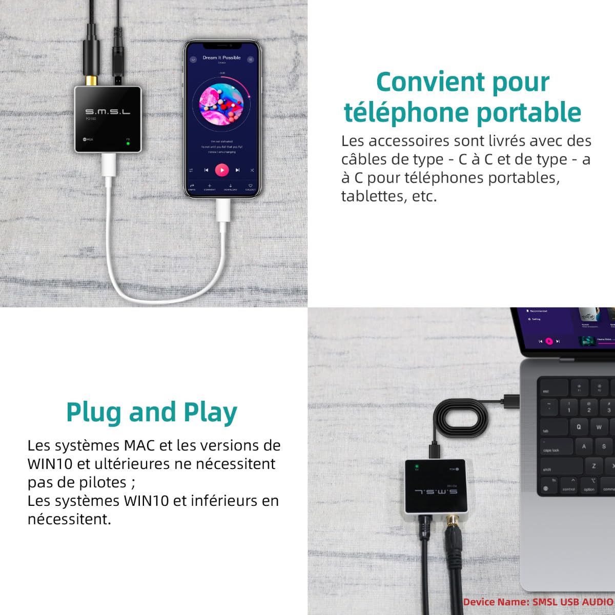 SMSL PO100 2024 convertisseur audio numerique analogique XU316, Décodage MQA USB vers Toslink Coaxial/Optique Audio Adaptateur, Petit adaptateur de câble USB à Coaxial pour Téléphone/PC (Noir)