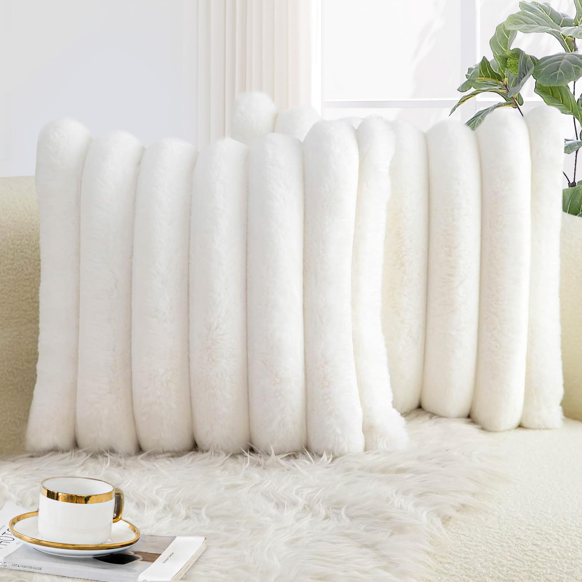Condition photo showing New/Like New for Touchat Pack of 2 Faux Fur Pillow Covers, 18x18 Inch Decorative Throw Pillow Covers with Hidden Zipper, Ultra Soft Couch Cushion Pillows Covers for Sofa/Bedroom Wide Stripe, White