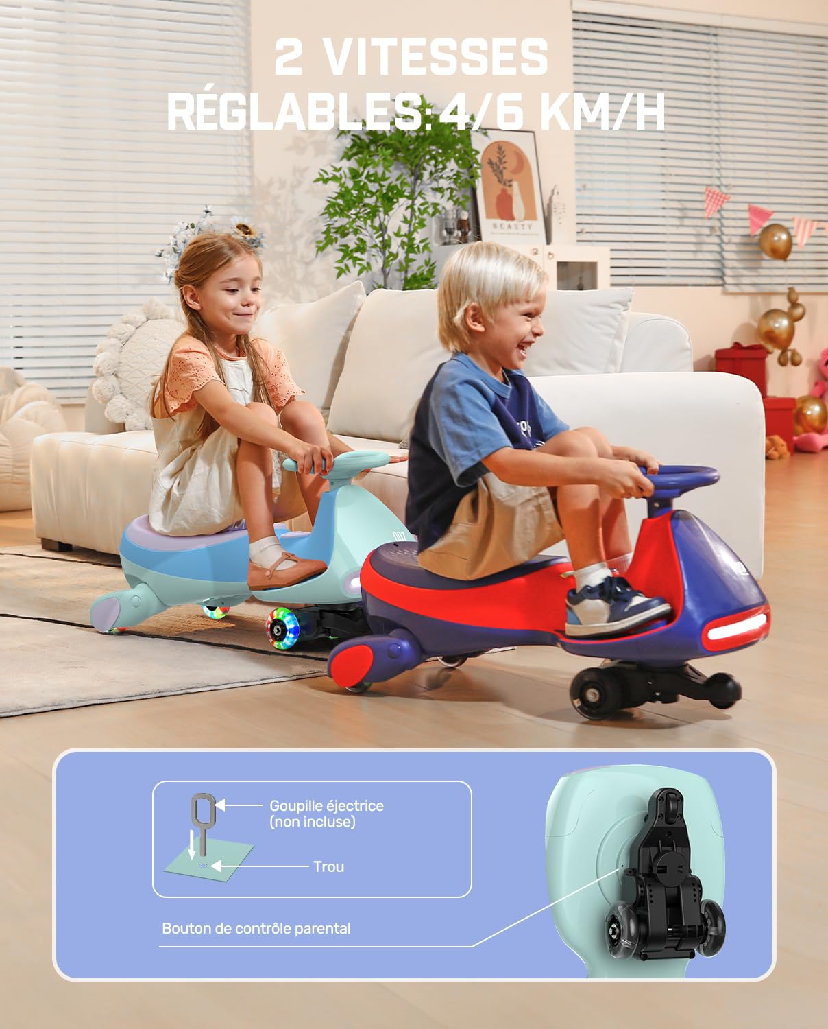 FanttikRide 12V N7 Pro Voiture Électrique Enfants, Anti-Bascule, Ergonomique, 2 en 1, 2 Vitesses, Roues Clignotantes, Bluetooth, Chargement Type C, pour Enfants à Partir de 3 Ans,Bleu Glacier.