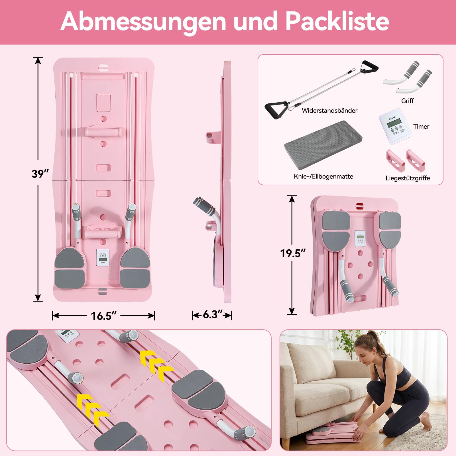 Pilates Board Faltbarer, mit Widerstandsbänder, Timer, 3 Zubehör, Plegable Zuhause Reformer für Pilates Maschine Multifunktions Equipment Set, für Frauen Ganzkörpertraining Familienfitness