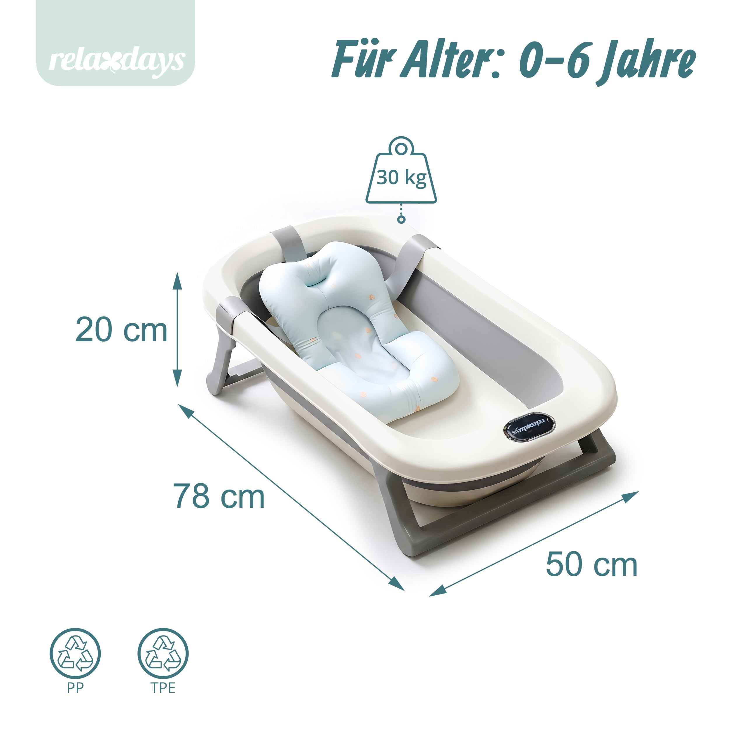 Relaxdays Babybadewanne faltbar, mit weichem Kissen, Babywanne, creme/grau