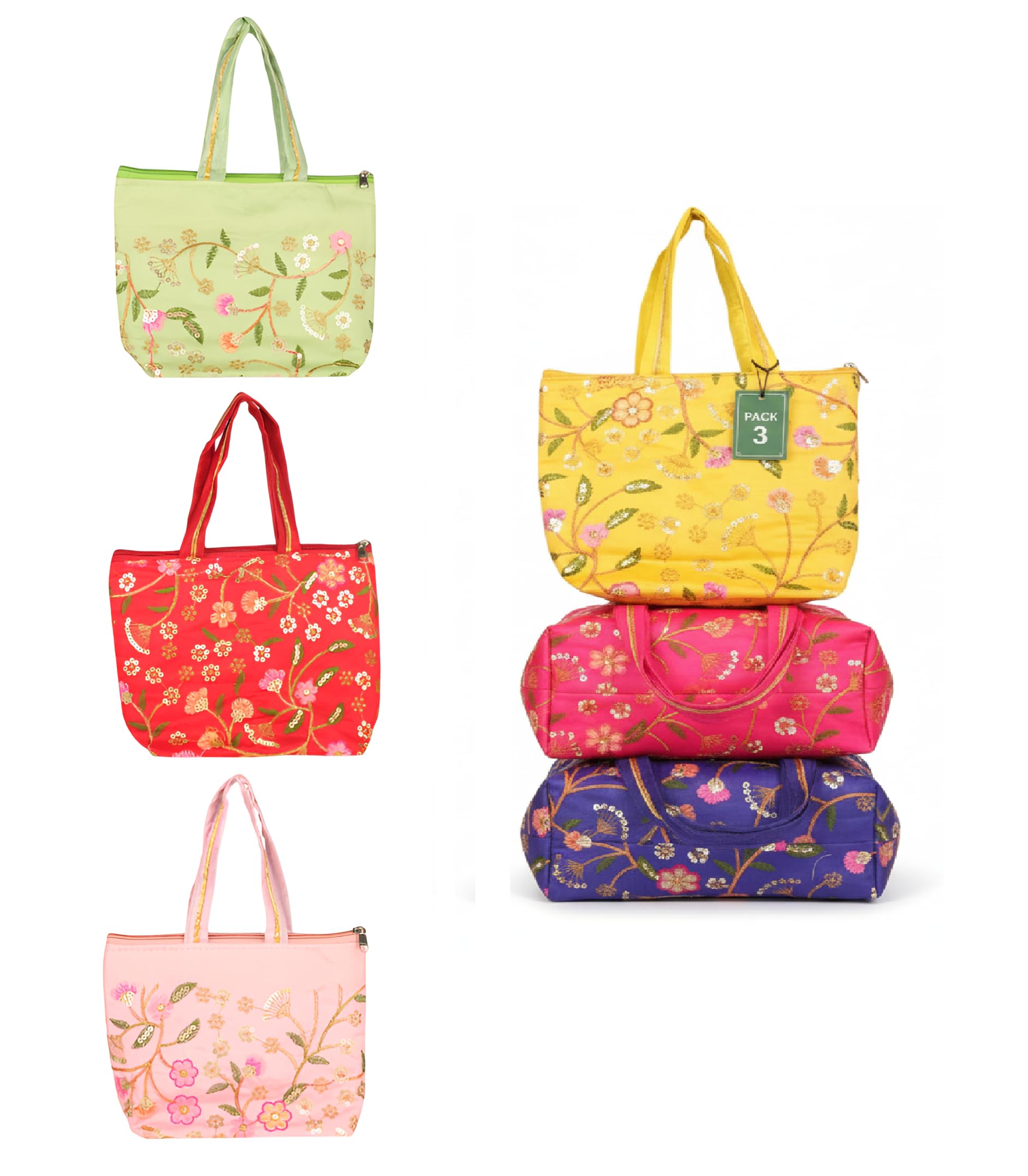 ekysa dekor Women Handbag with Double Pocket and Zip, Embroidered Multipurpose Handbags For Daily Errands, Temple Visits, Gifting, or Pairing with Sarees[Multicolor, 9X8x3 Inch, Pack Of 3]-picture-37
