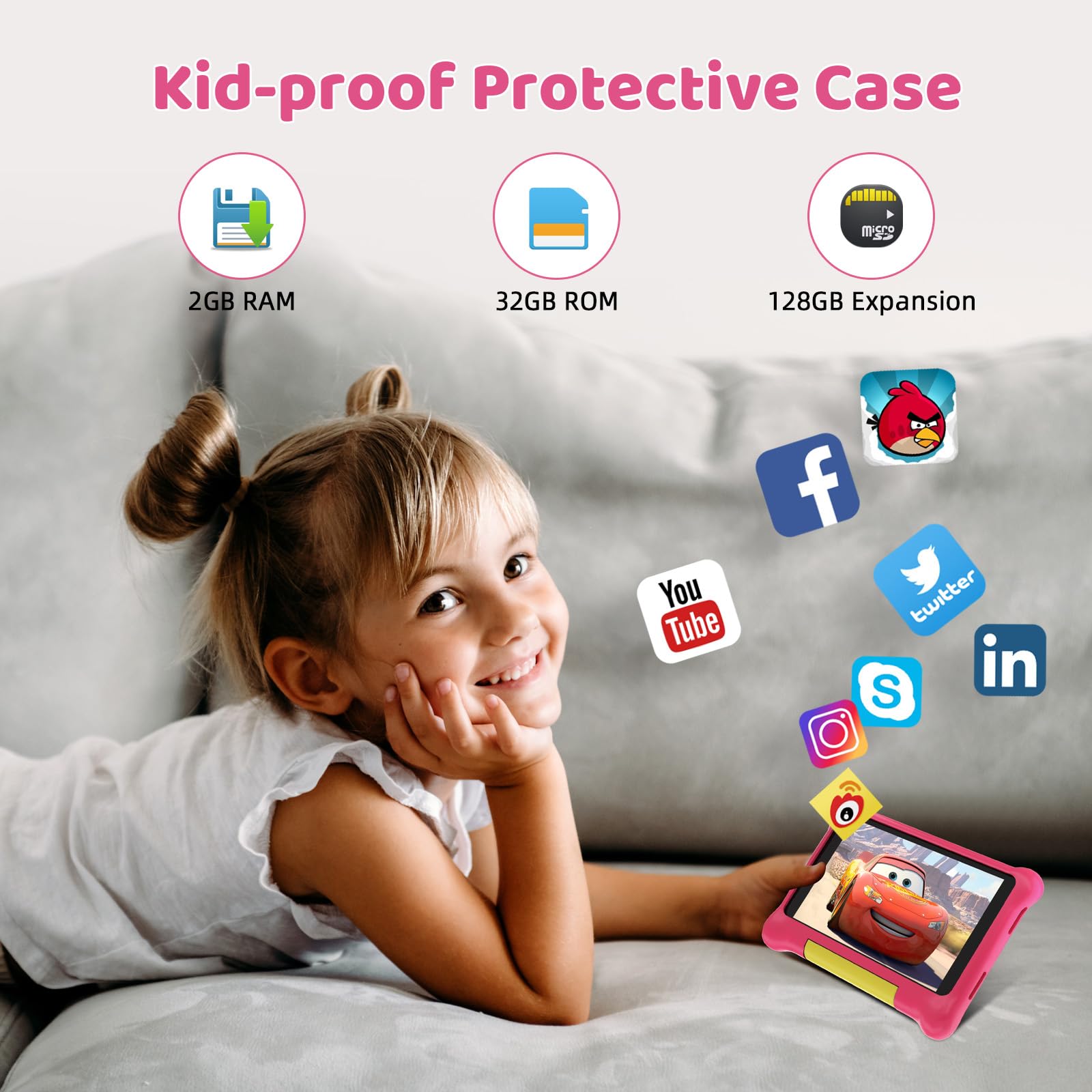 Yicty Tablet dla dzieci 7 cali, system Android z kontrolą rodzicielską i edukacją dzieci, Bluetooth, WiFi, podwójny aparat, GMS, pokrowiec odporny na wstrząsy (różowy)