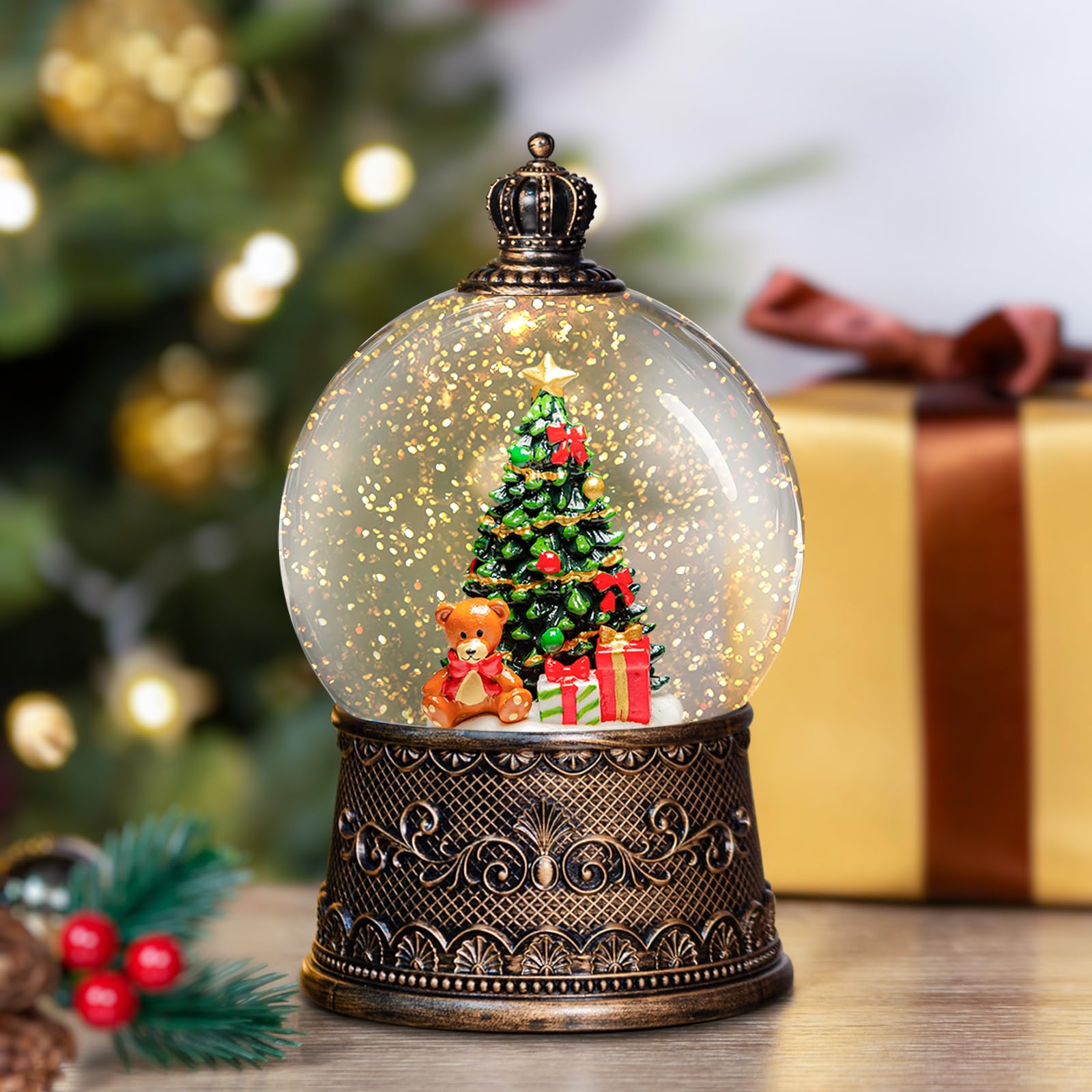 Linterna de globos de nieve de Navidad con música, globos de nieve de árbol de Navidad con efectos de purpurina de remolino de agua, alimentado por USB/batería con temporizador de 6 horas