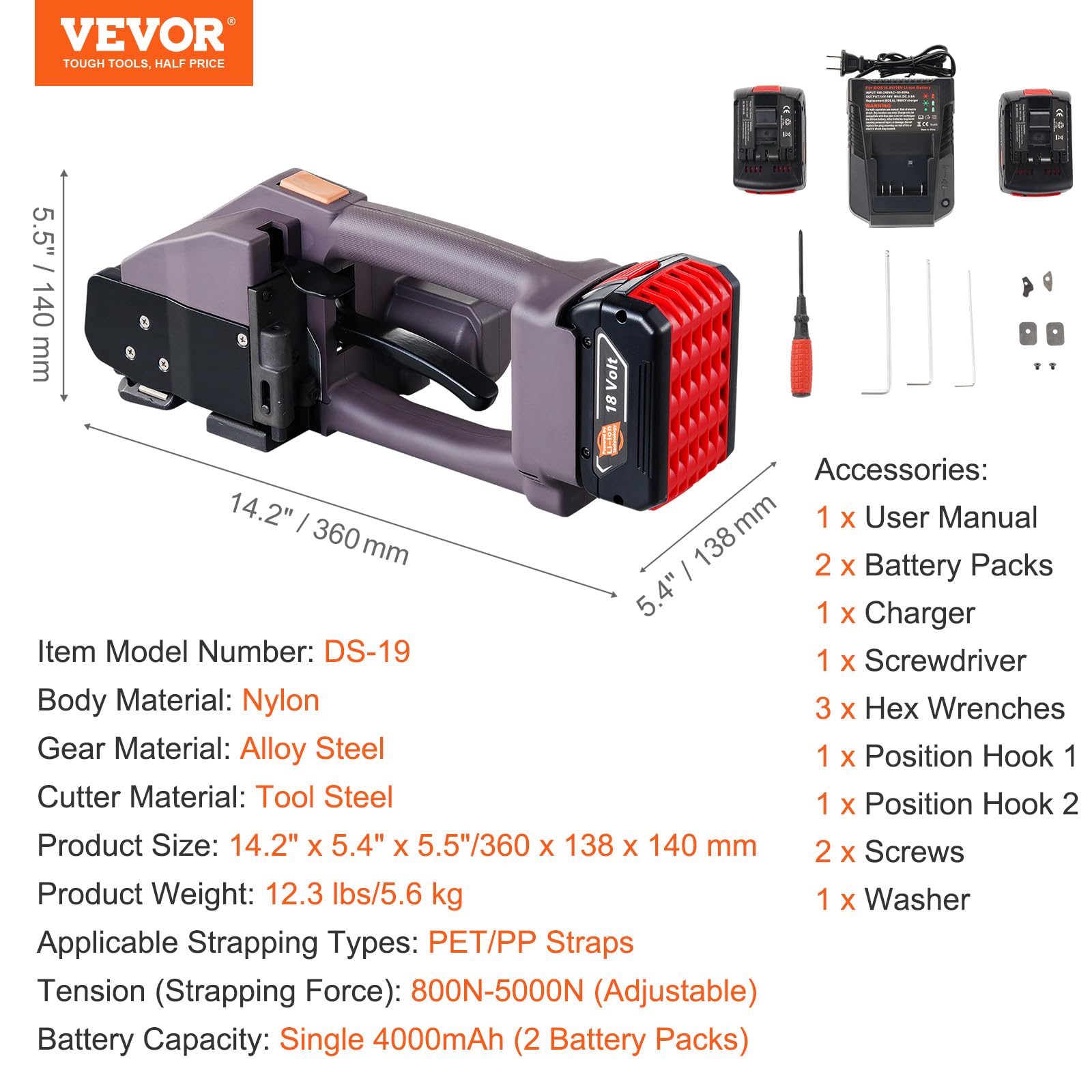 VEVOR Elektrische Umreifungsmaschine, für 1-2 cm PP-/PET-Bänder, elektrisches Umreifungsgerät mit Digitalanzeige, 2 x 4000 mAh batteriebetriebene Handumreifungsmaschine für Verpackungskartonpaletten