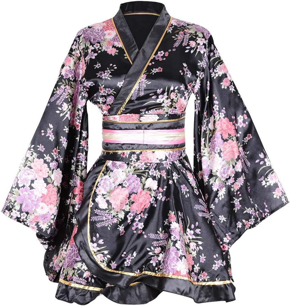 Wraith of East Kimono Costume Adult Japanese Geisha Yukata Floral Patten Gown Blossom Bathrobe Sleepwear With Obi Belt