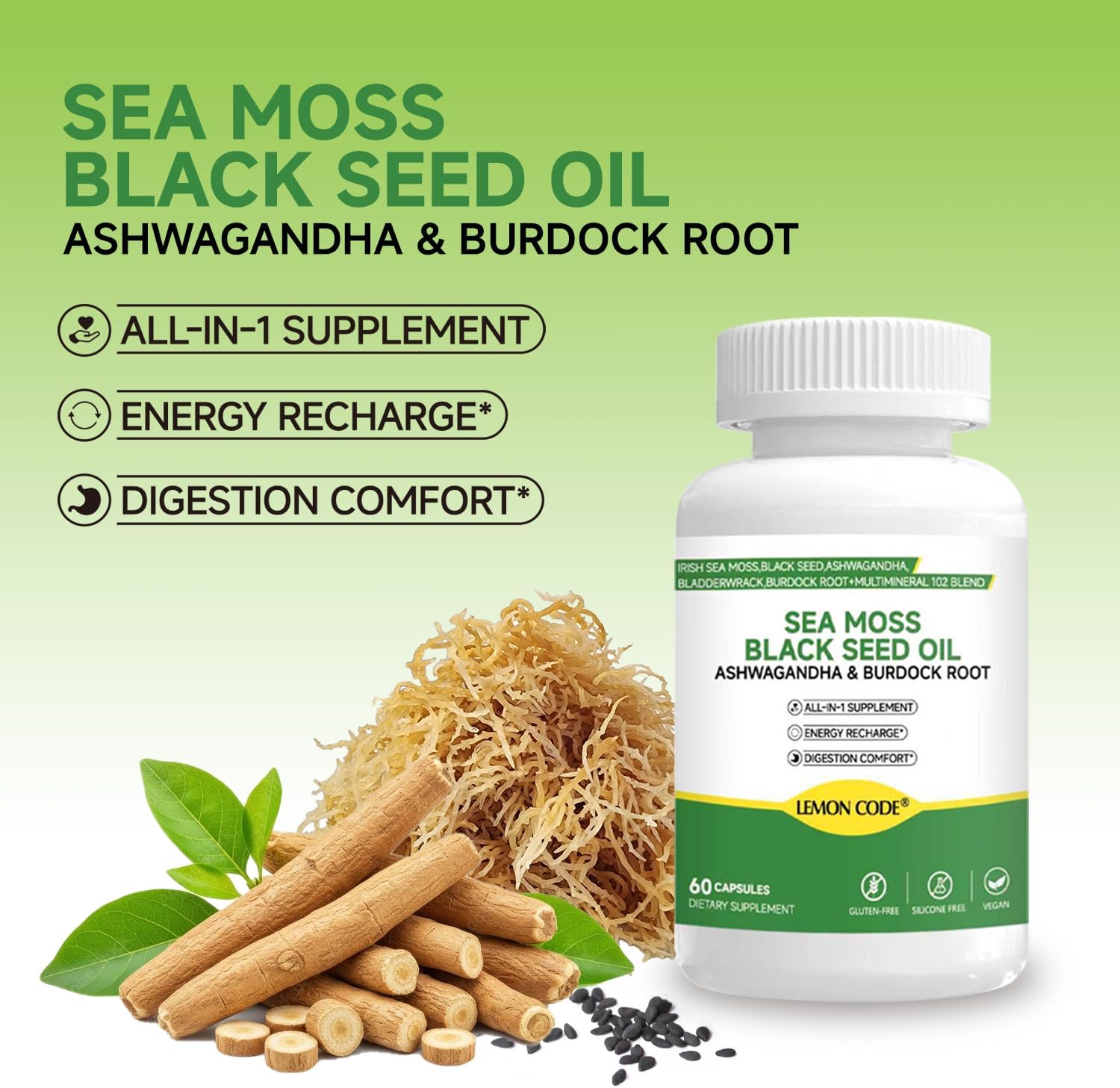 Sea Moss & Black Seed Oil Capsules with Burdock & Bladderwrack & Ashwagandha, Vitamin C&D,Natural Herbal Complex for Daily Balance, Energy & Digestive Support, Vegan, Non-GMO, 60 Capsules