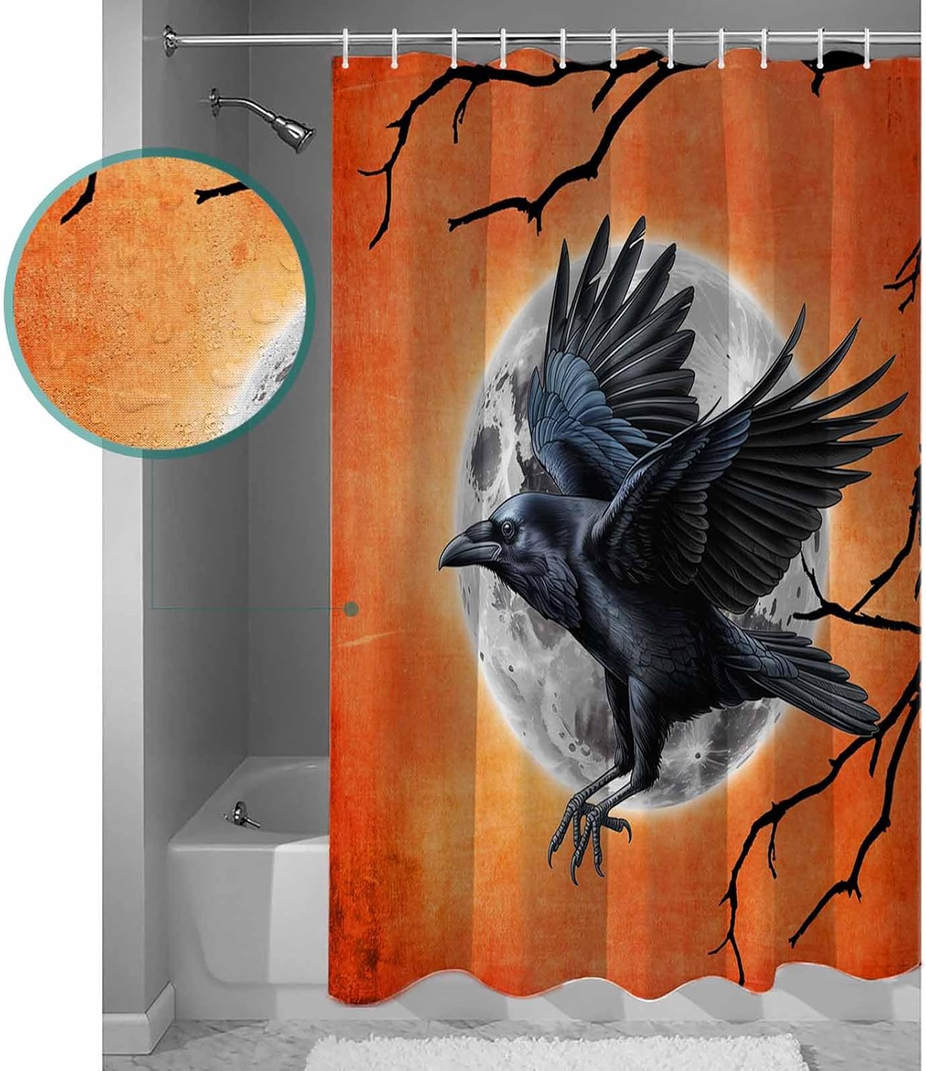 Halloween Shower Curtain, Stall Shower Curtains for Bathroom/Bathtub, Retro Orange Moon Night Black Crow Waterproof Fabric Shower Curtain Set with 12 Hooks, 48" x 72"