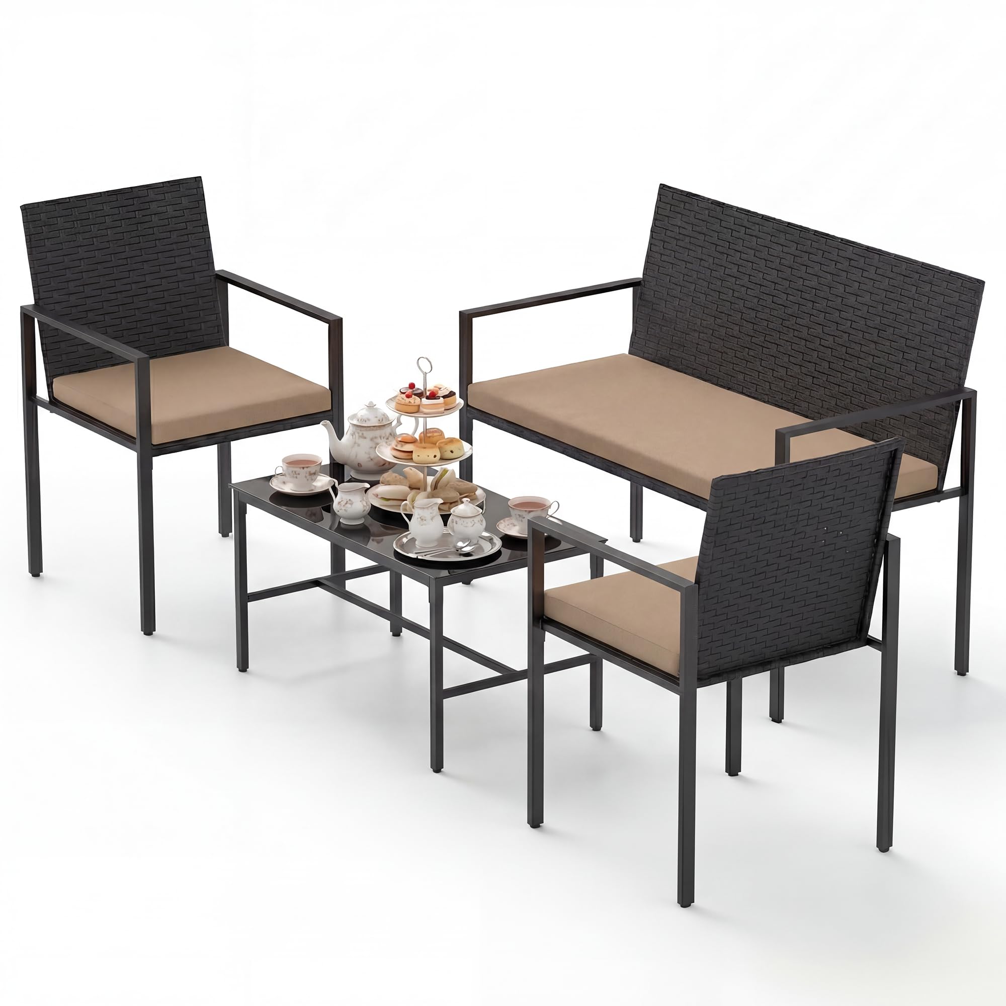 SOARS Set Salotto da Giardino in Rattan 4 Pezzi, Set Mobili da Eterno con 2 Poltrone, Divano a 2 Posti, Tavolino con Piano in Vetro Temperato e Comodi Cuscini per Cortile, Bordo Piscina (Marrone)