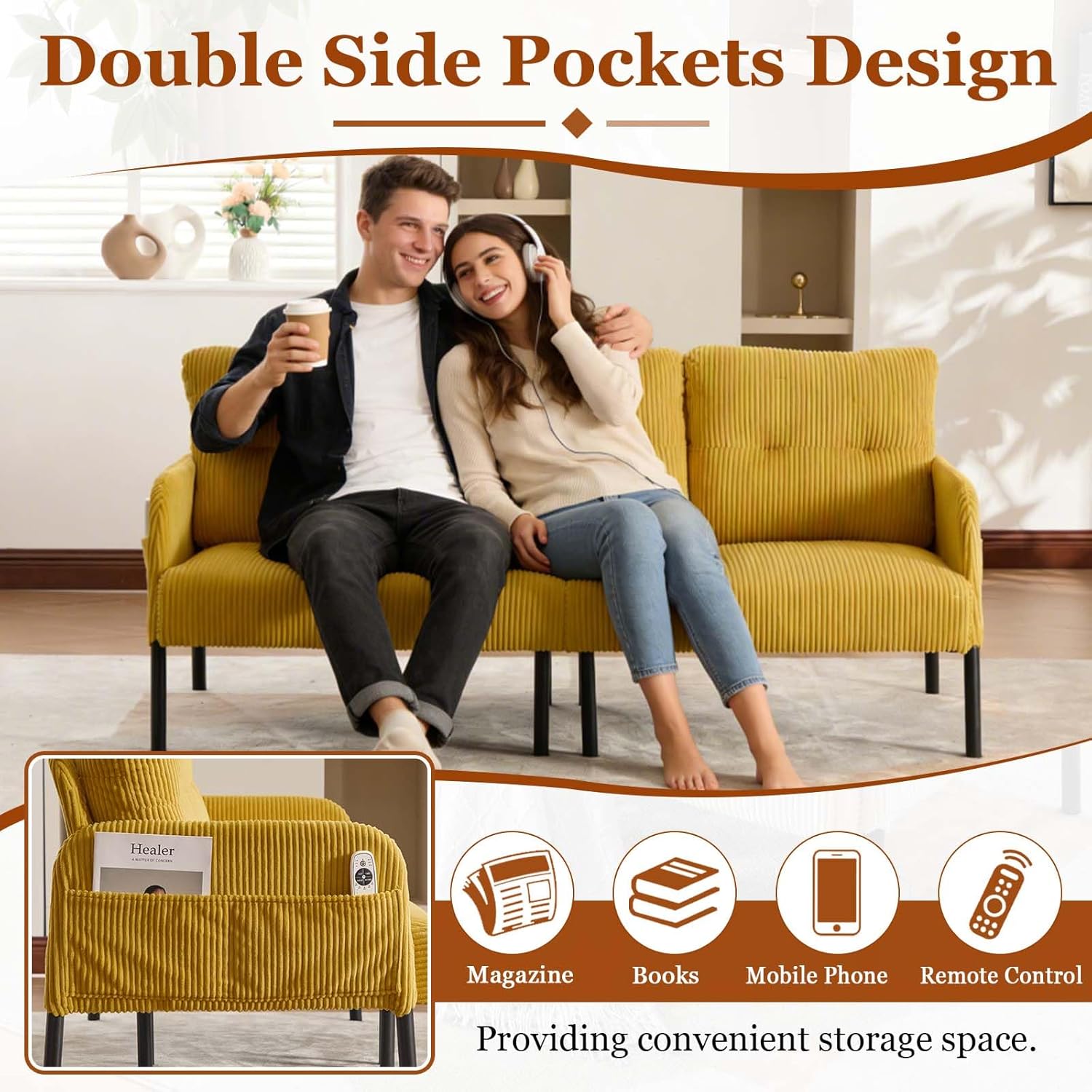 Loveseat Sofa, 67” Small Sofa Couch for Living Room, Comfy Corduroy Fabric Love Seat for Bedroom with Throw Pillow,Removable Cushion Cover,Couches for Small Space,Apartment,Dorm (Yellow)