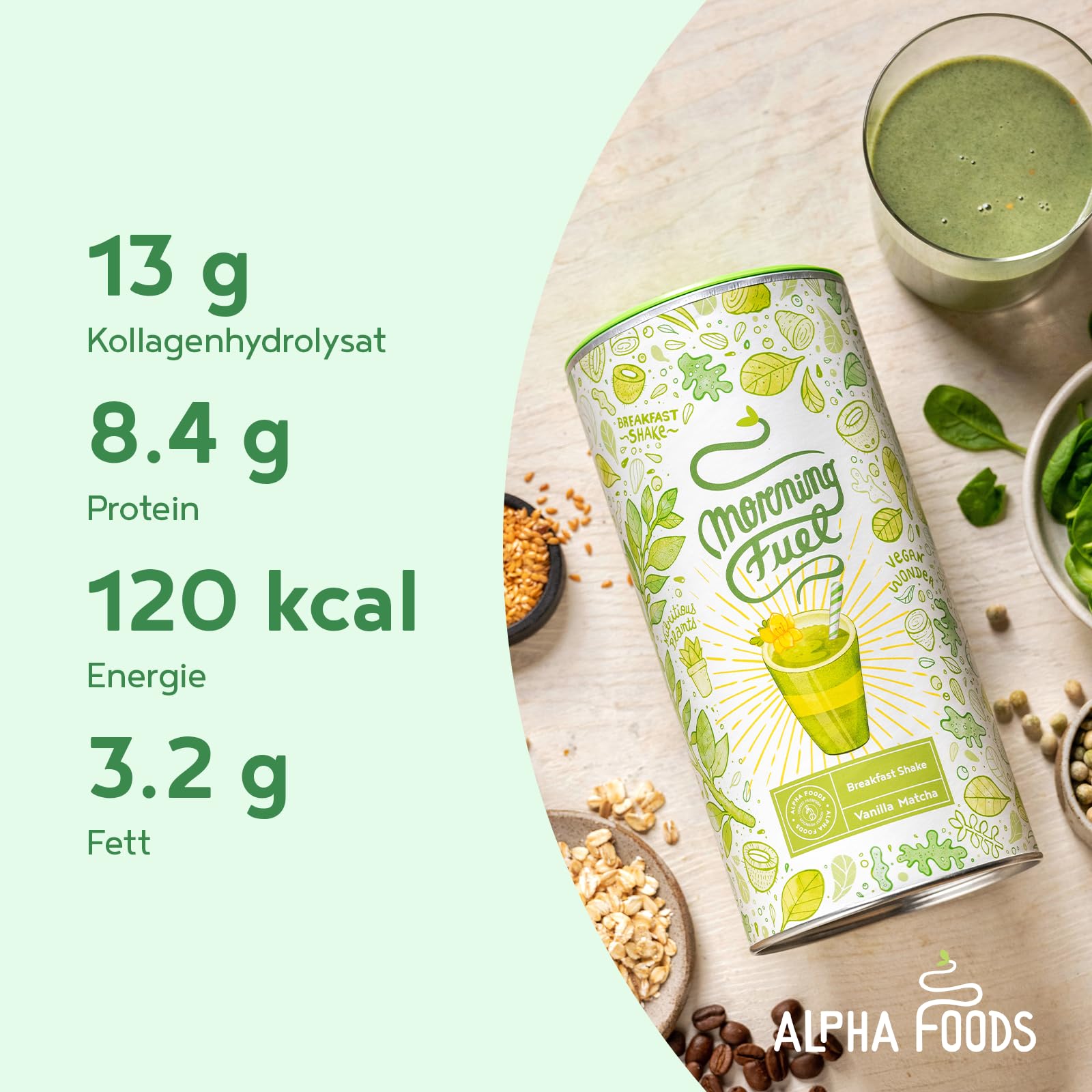Alpha Foods Morning Fuel Vanille Matcha Shake, Morgens Satt & Gesund, Vitamin- und Nährstoffreiche Frühstücksmischung mit Protein aus Samen, Quinoa & Mandeln, 600 Gramm Pulver, 20 Portionen