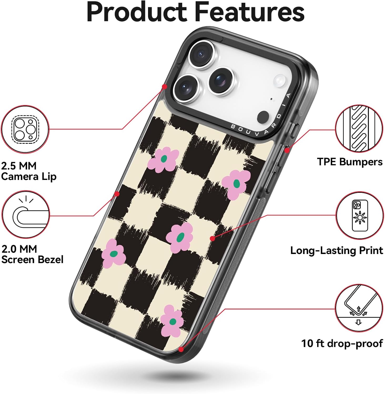 Bouvardia for iPhone 17 Pro Case, Cute Girly Design for Women, Protective & Aesthetic, Checkered & Flowers