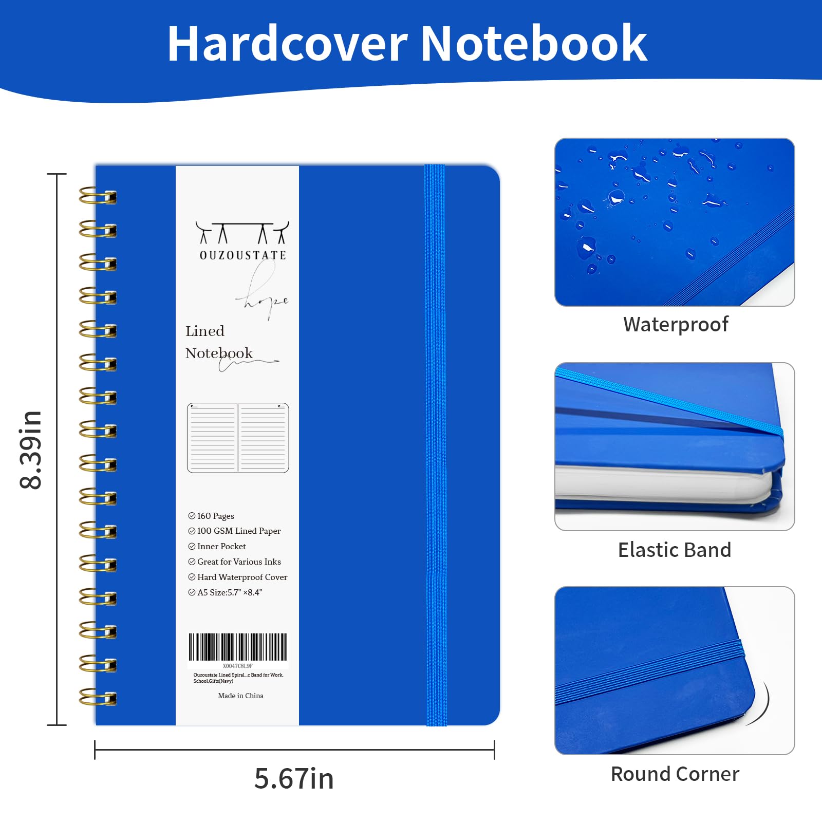 Ouzoustate Confezione da 3 quaderni a spirale a righe, formato A5, con copertina rigida, 160 pagine, 14,4 x 21,3 cm, carta da 100 g/m², rilegatura a spirale blu, per lavoro, scuola, appunti, affari