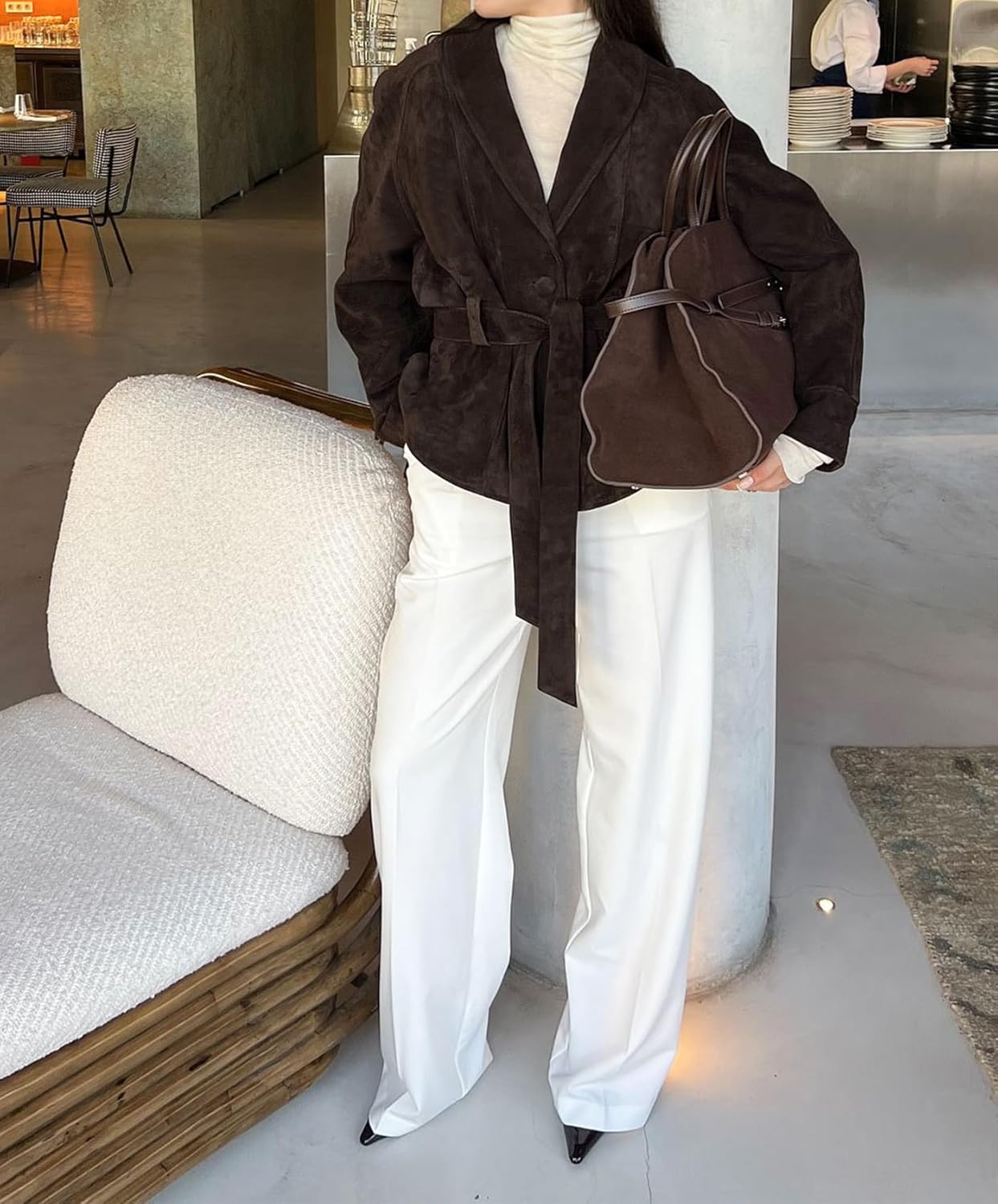 Womens Faux Suede Jacket with Belt Long Sleeve Button Down Belted Suede Leather Jacket Coats - Image 6