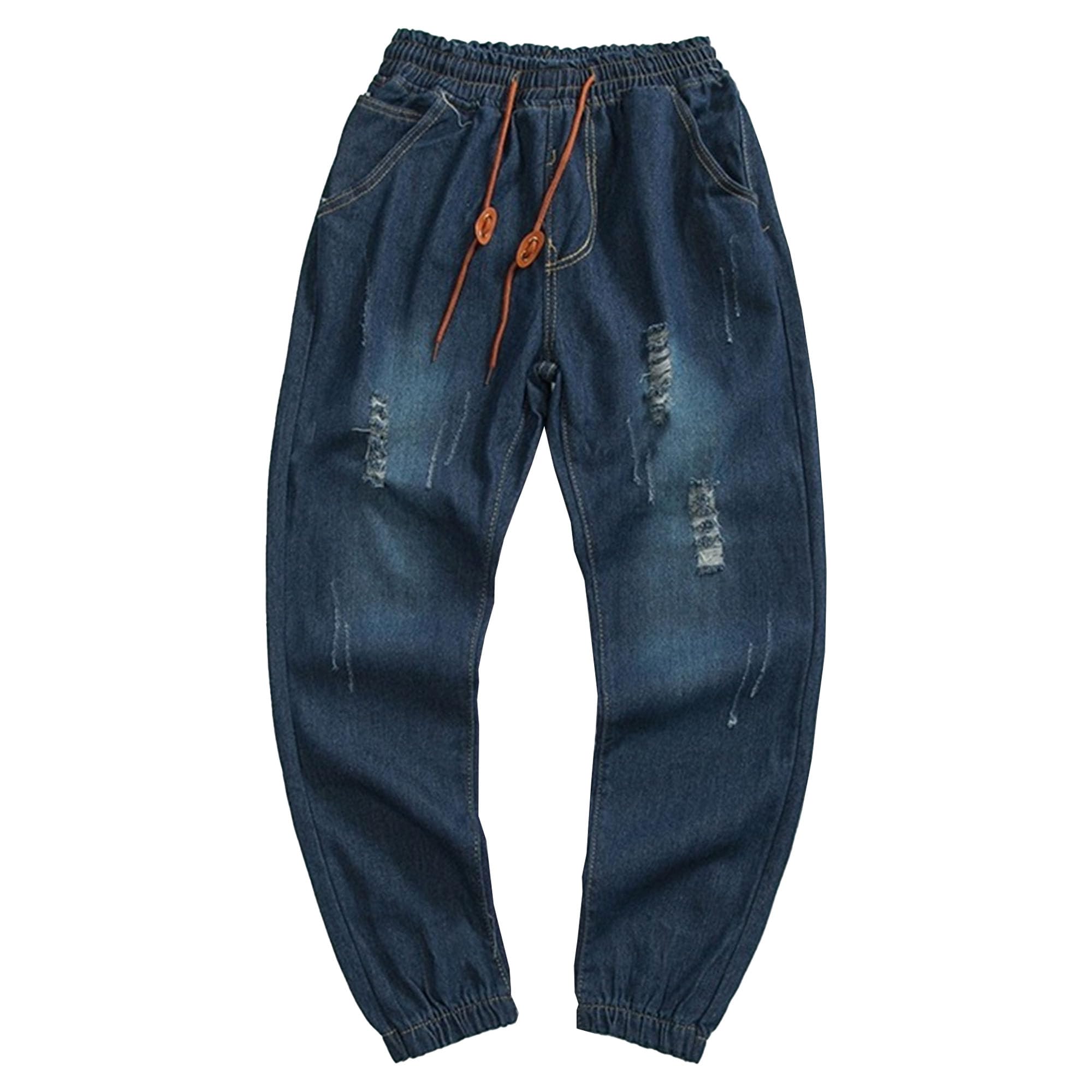 JEShifangjiusu Mens Ripped Joggers Denim Pants Elastic Waist Slim Fit Denim Pants Tapered Regular Washed Jean Pant