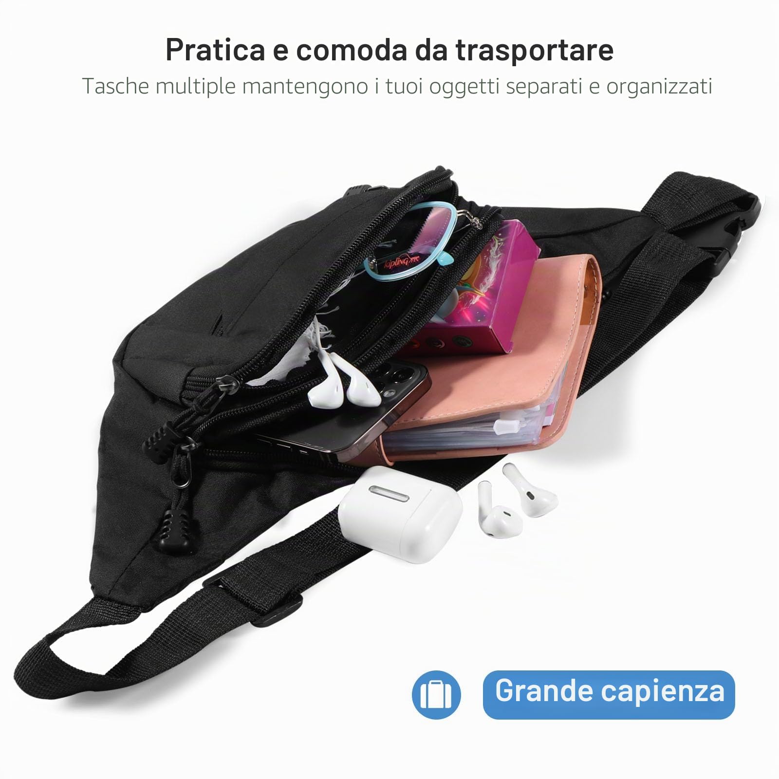 Vinabo Marsupio Uomo Donna Unisex, Marsupio Sportivo Grande con 4 Zip Tasche,Marsupio da Unisex per Allenamento All'aperto Escursionismo Campeggio