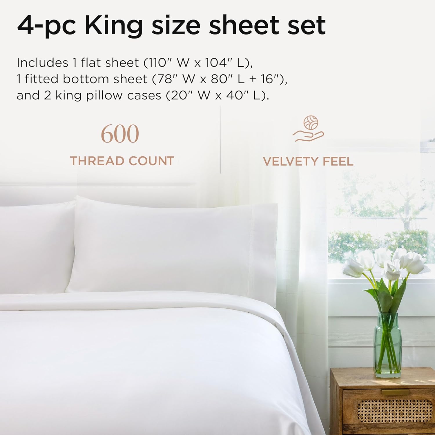 Threadmill 100% Cotton Sheets for King Size Bed - 600 Thread Count King Bed Sheets Set with 16” Deep Pocket - Sateen Weave 4-Piece Bedding Set with Cooling Effect, White