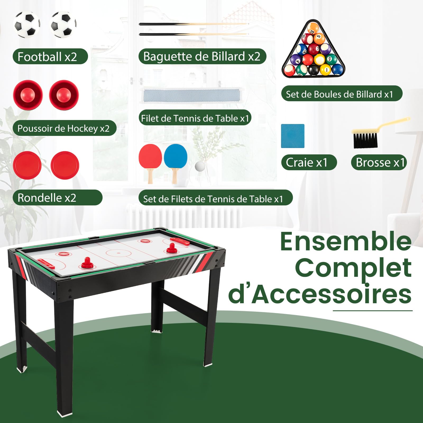 GOPLUS 4 en 1 Juegos de Mesa Adulto y Niño, Mesa Multijuegos de Fútbolin, Hockey, Ping-Pong, Billar, 125 x 97 x 83 cm，2-4 Juegos Interactivos para Hogar, Fiesta, Negro