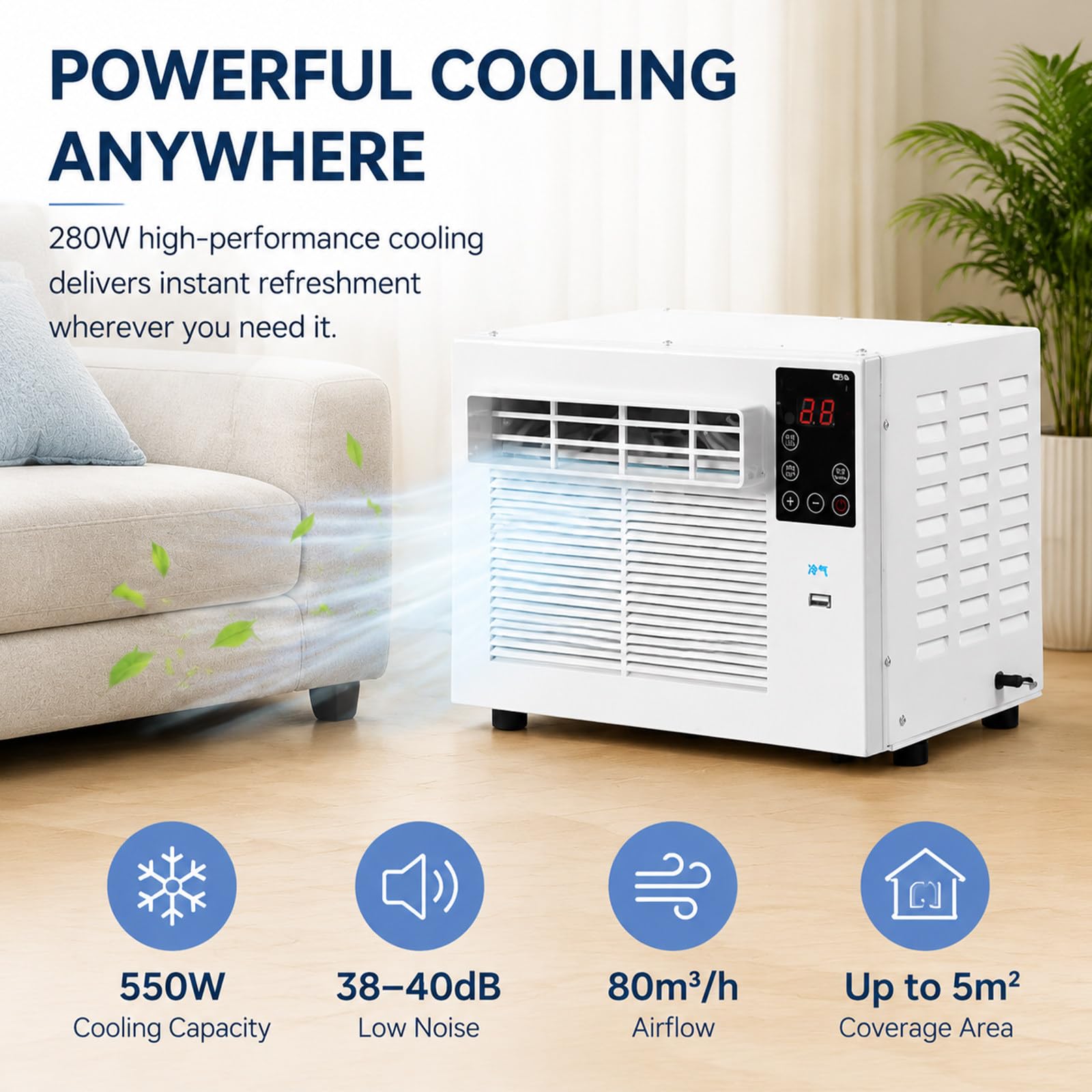 Aire Acondicionado Portátil Sin Unidad Exterior 1876 Btu para 5m² | Sin Desagüe, Ruido Bajo 38-40db, Caudal Aire 80m³/H, Ideal Para Dormitorios Pequeños Y Habitaciones De Mascotas