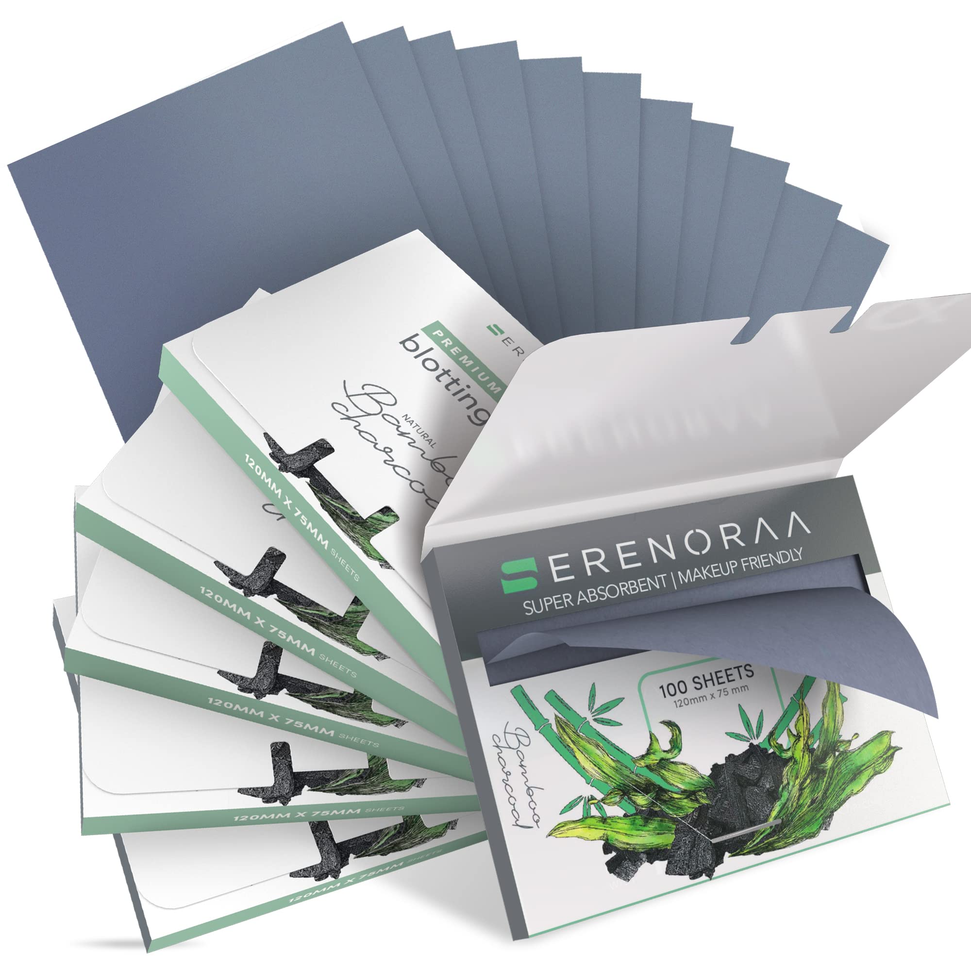 SerenoraaOil Blotting Sheets for Face Pack of 6 (600 Wipes) - Quality Natural Bamboo Charcoal, with Extra Large Blotting Paper for oily skin to Reduce Skin Acne –Makeup Friendly, Thick & Portable