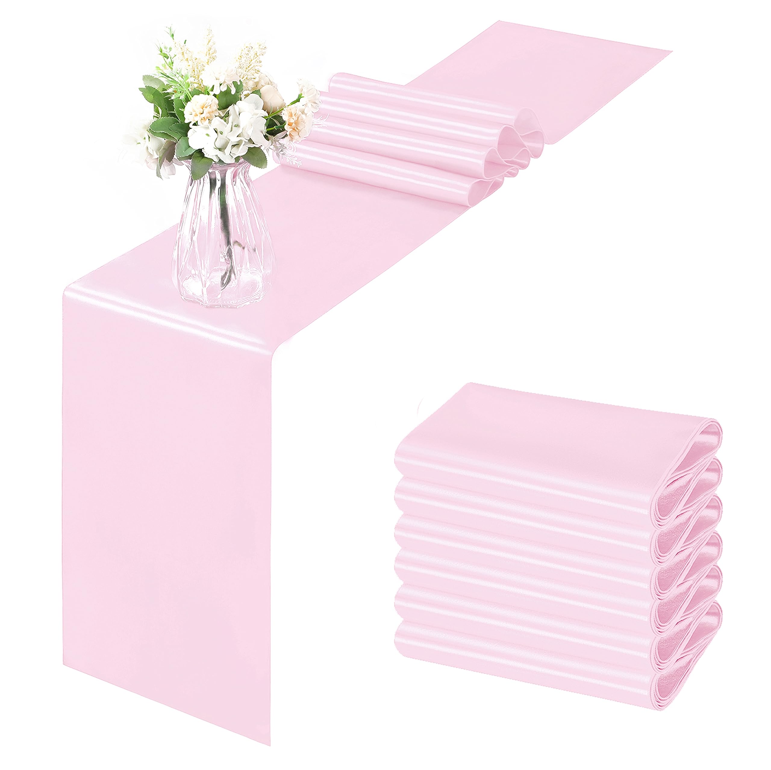 Photo 1 of Horbaunal 6 Pack Satin Runners 12 x 72 Inch Bright Silky Smooth Satin Table Runners for Birthday Wedding Party Banquets, Light Pink