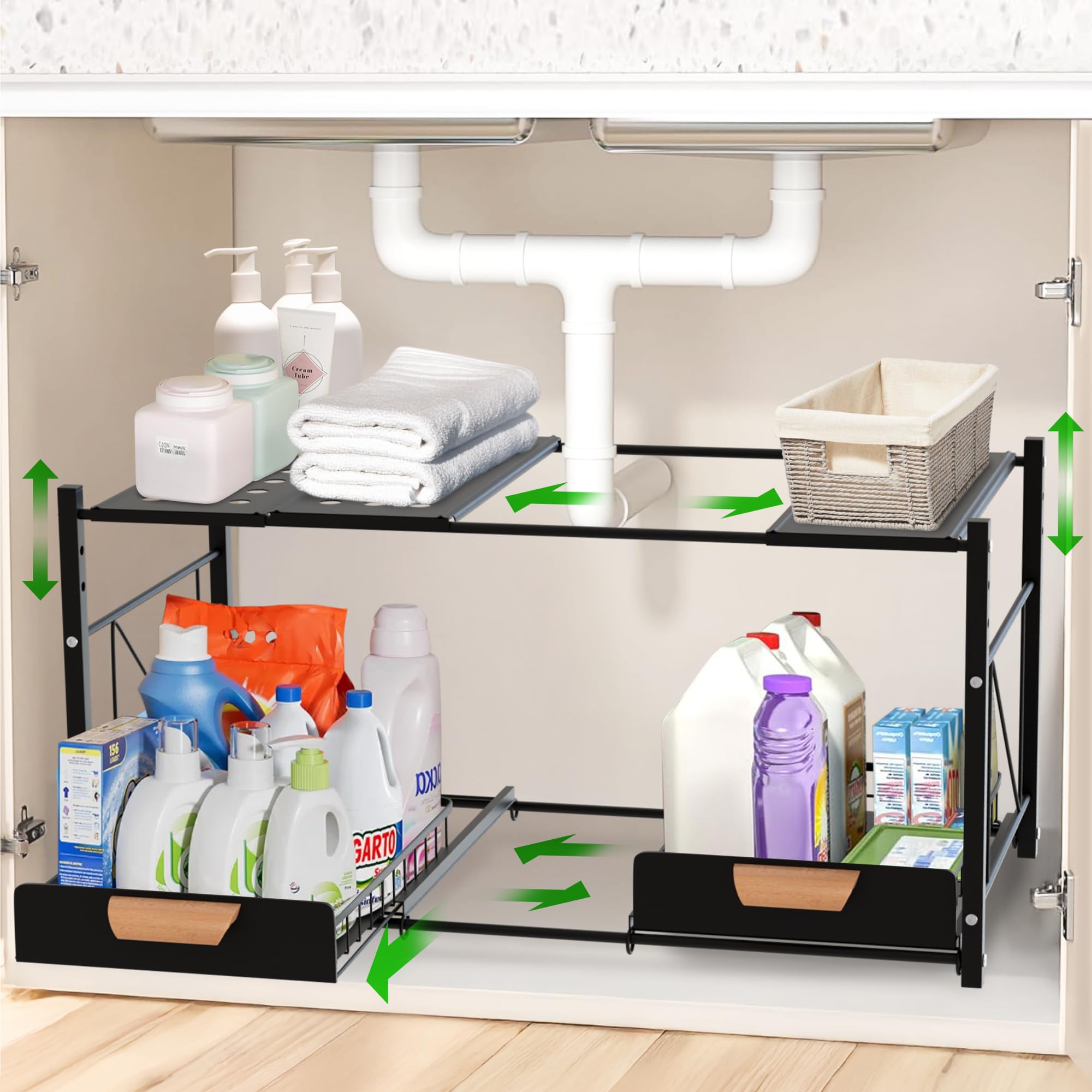 Expandable Kitchen Under Sink Organizers and Storage - Rustproof Bathroom Organizers and Storage - 2 Tier Sliding Basket Drawers, Adjustable Width & Height Bathroom Cabinet Organizer