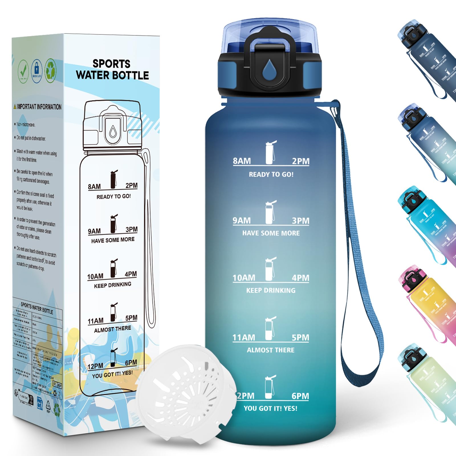 Baramumu Borraccia 1,5 litri, Borraccia Palestra, a Prova di Perdite, Bottiglia acqua, Facile da Aprire, Borracce, per Fitness, Yoga, Ufficio, Palestra, Trekking, Blu&Verde