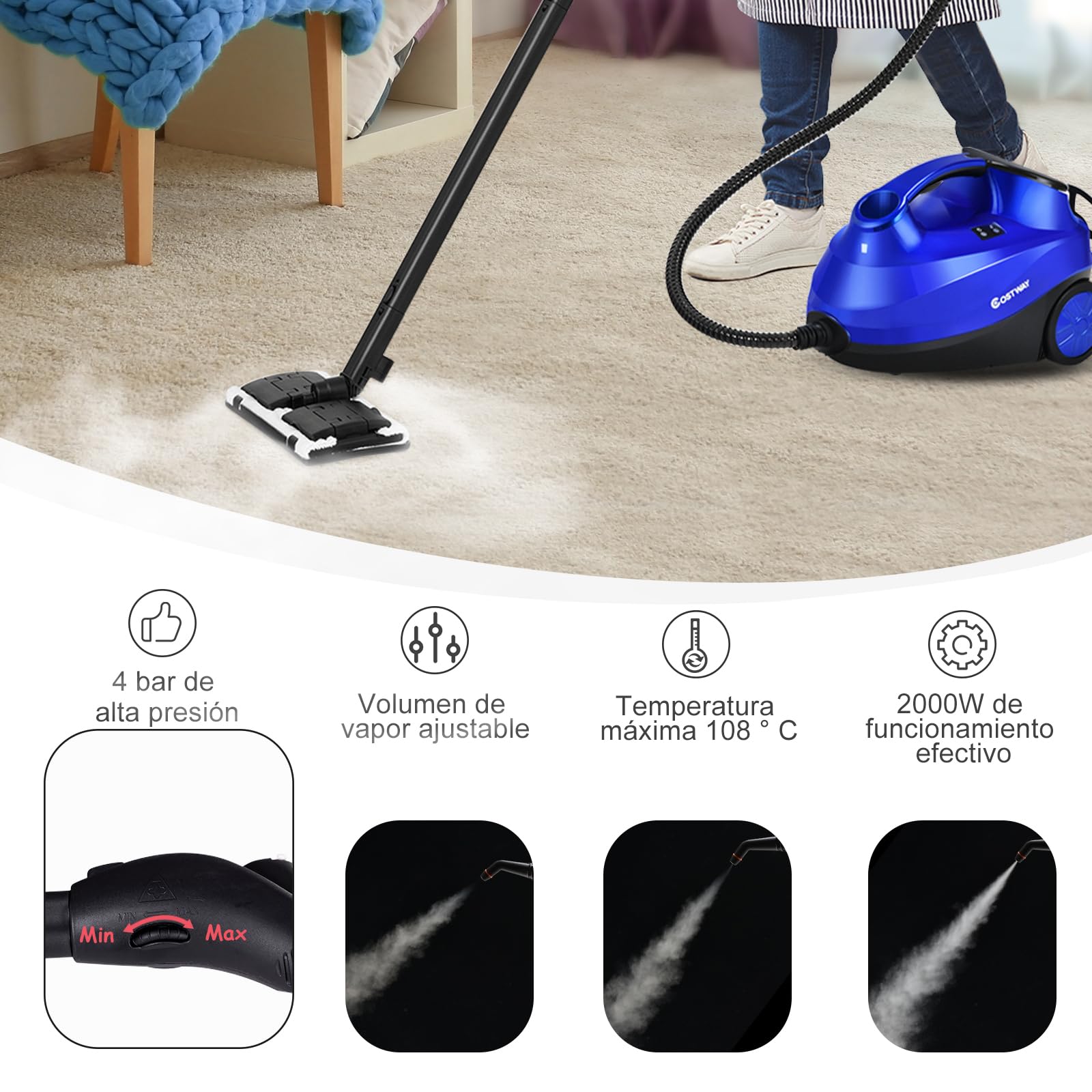 COSTWAY Limpiadora de Vapor 2000W, Vaporeta de Mano con 18 Accesorios, 4 Bar / 1,5L Tank/hasta 108°C/LED, Vaporizador con Cierre de Seguridad para Niños para Alfombra, Piso (Azul)