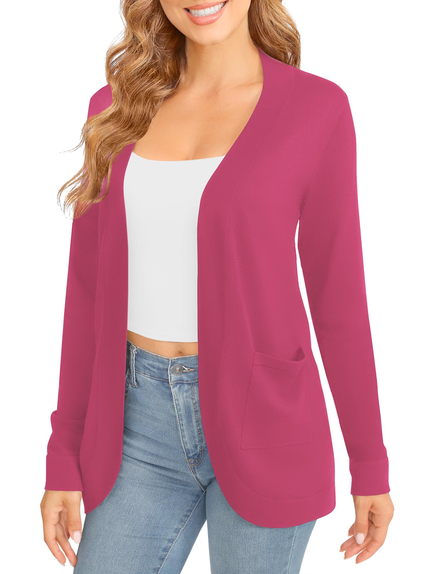 EXCHIC Femmes élégant Léger Manches Longues Cardigan Ourlet Incurvé Front Ouvert Jersey Tricot Pulls avec Poches