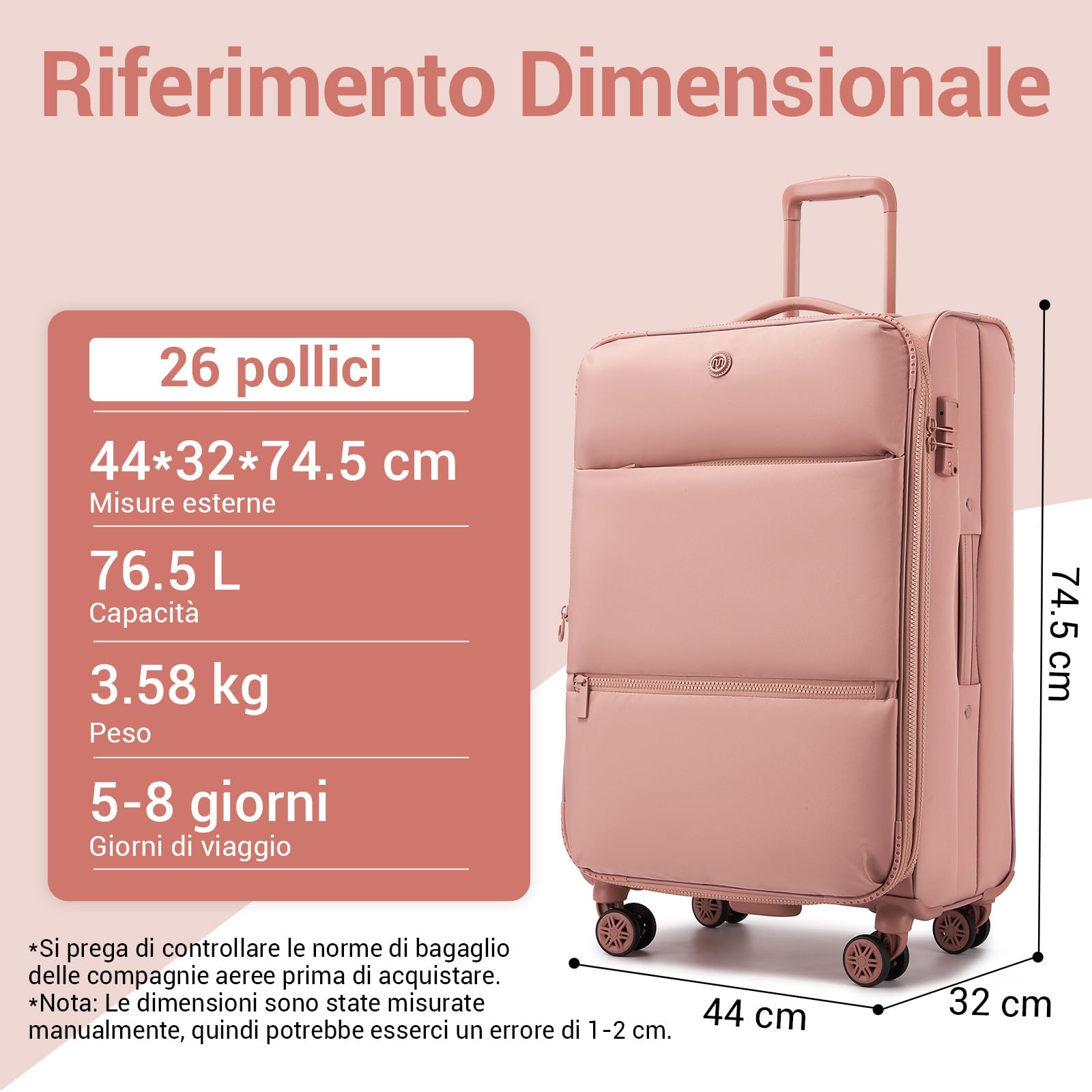 Miss Lulu Valigia Morbida Espandibile con Ruote Girevoli, Bagaglio a Mano, Valigia da Viaggio Media, 74,5 x 44 x 32 cm, Rosa