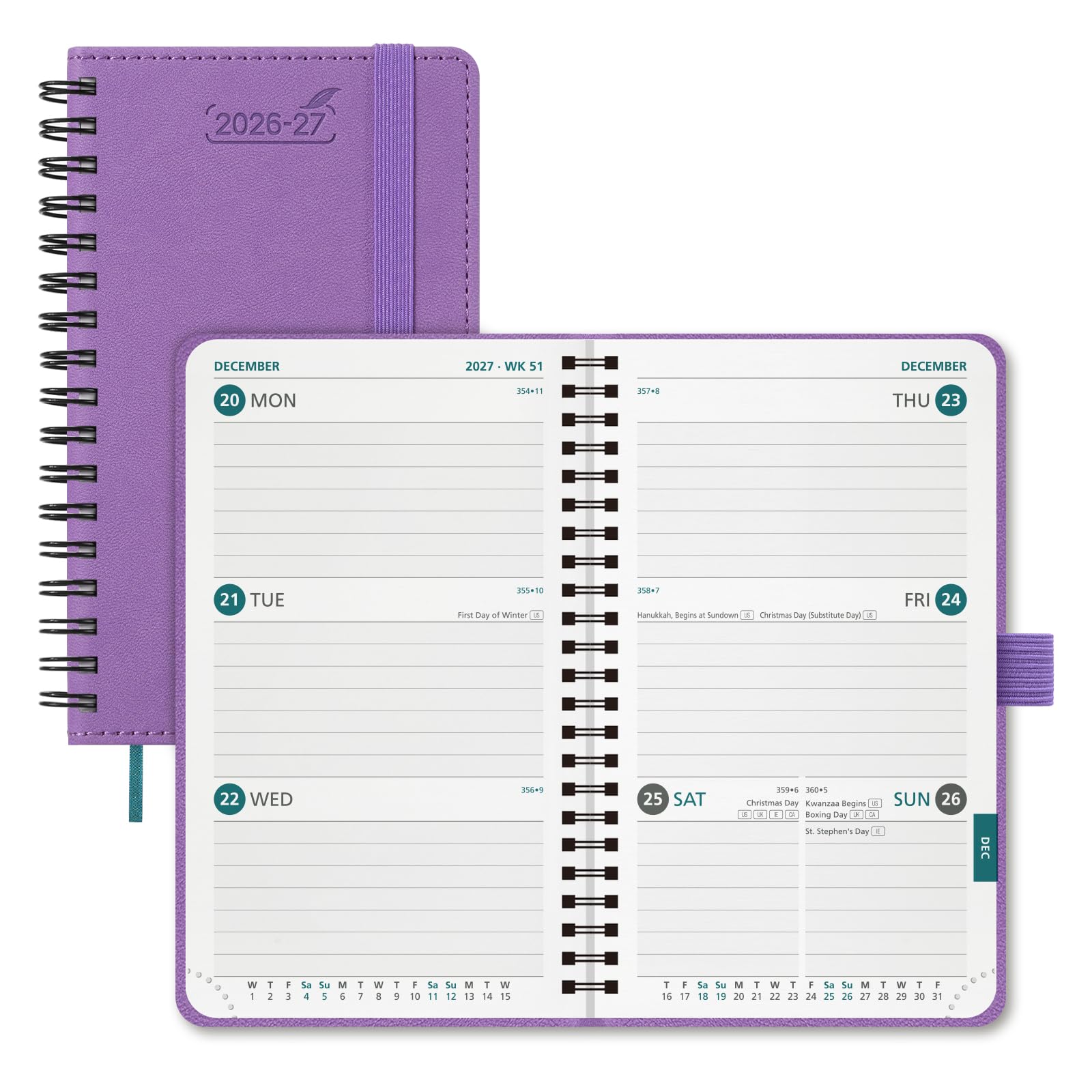 BEZEND Pocket Diary 2026-2027 Week to View (Jul 26 - Dec 27) Spiral, A6 15.5 x 9 cm. Small Academic Planner with Pen Holder & Inner Pocket, for Home School Office. PU Leather Softcover, Lavender