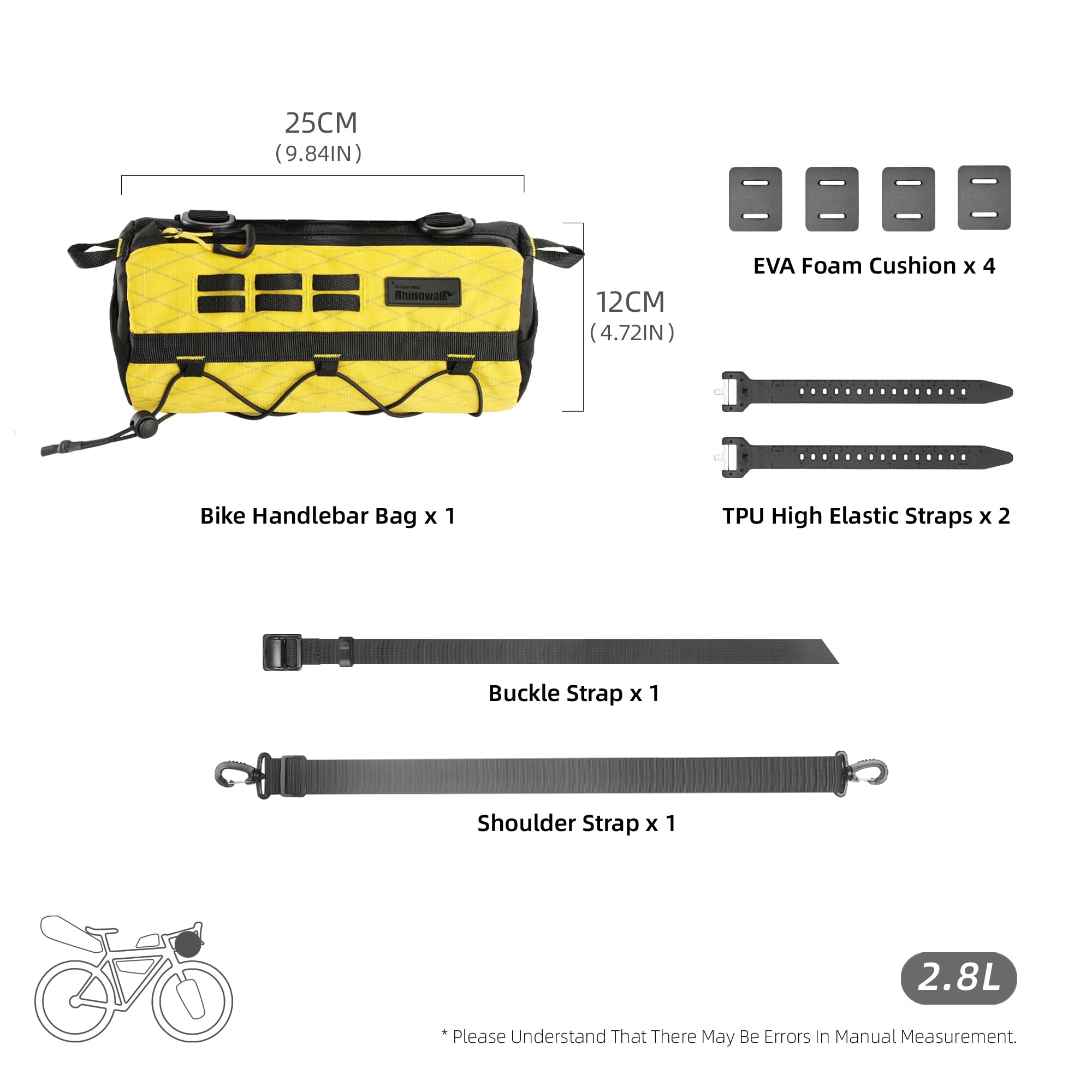 Rhinowalk Sacoche de guidon de vélo 2,8 l – Sacoche de guidon étanche avec structure solide en EVA et bandoulière – pour VTT, vélo de route et vélo de tourisme (jaune)