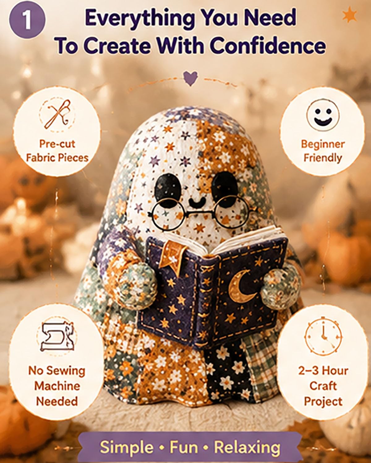 Little Ghost's Cozy Halloween DIY Patchwork Kit, Adorno de decoración Hecho a Mano, Regalo con Tela precortada, Kit de artesanía de Costura de Felpa de Fantasma Lindo Retro