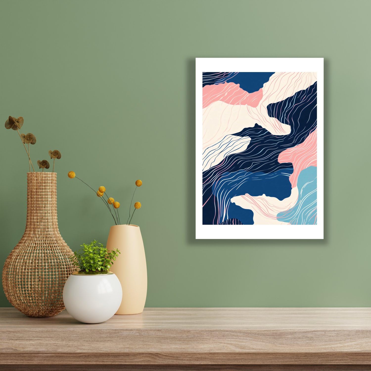 Spiffing Prints Contour Flow – Bleu marine et blush Topographique Abstrait – Ligne minimaliste moderne – Extra Large – Impression d'art semi-brillante